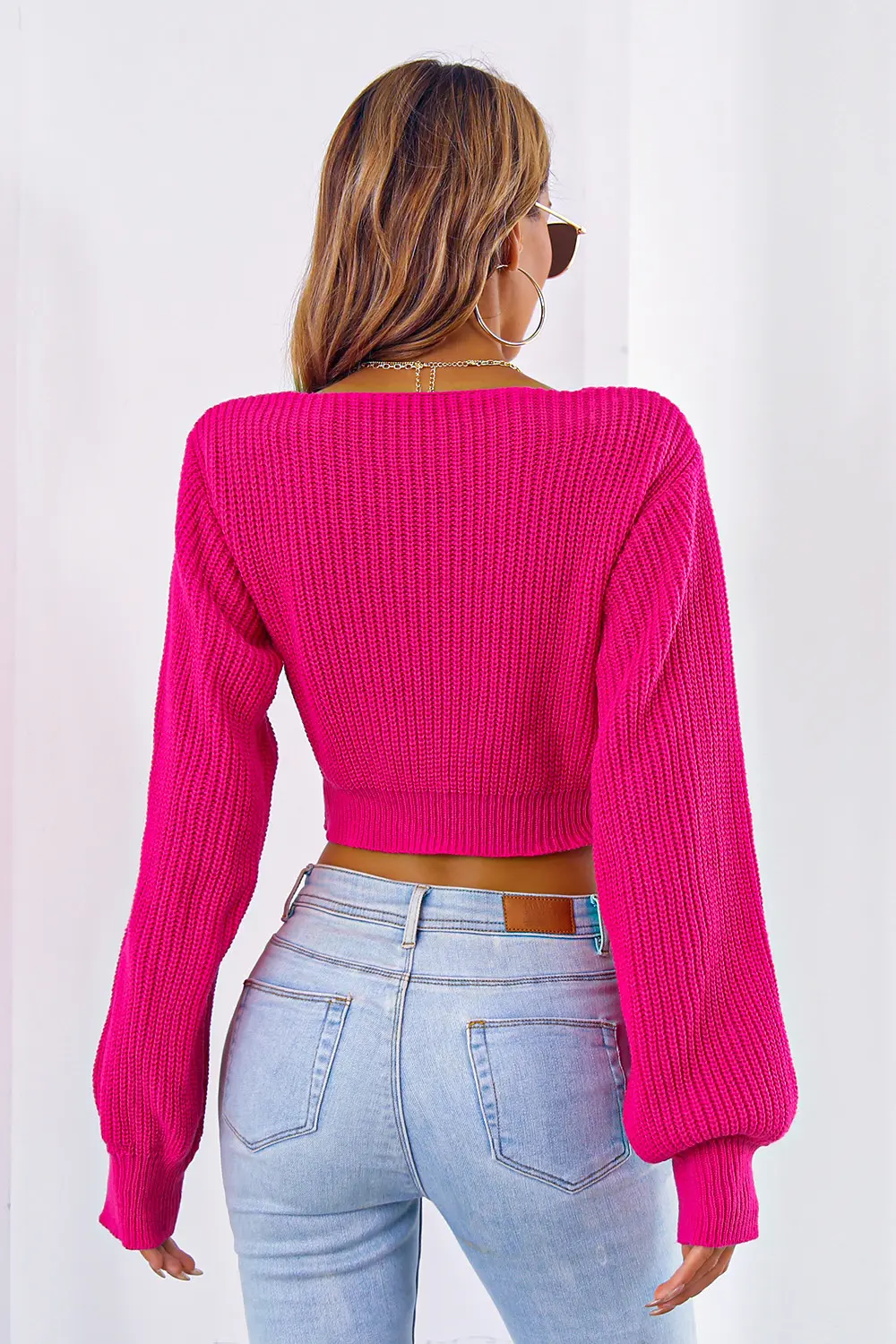 Bow V-Neck Long Sleeve Cropped Sweater, image 2