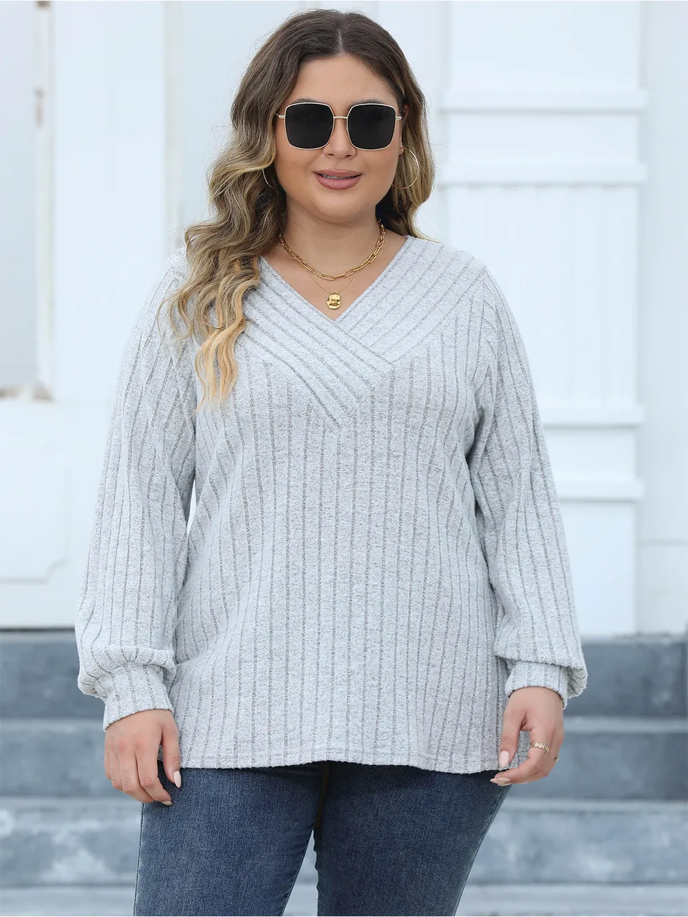 Plus Size Ribbed V-Neck Long Sleeve Top, image 10