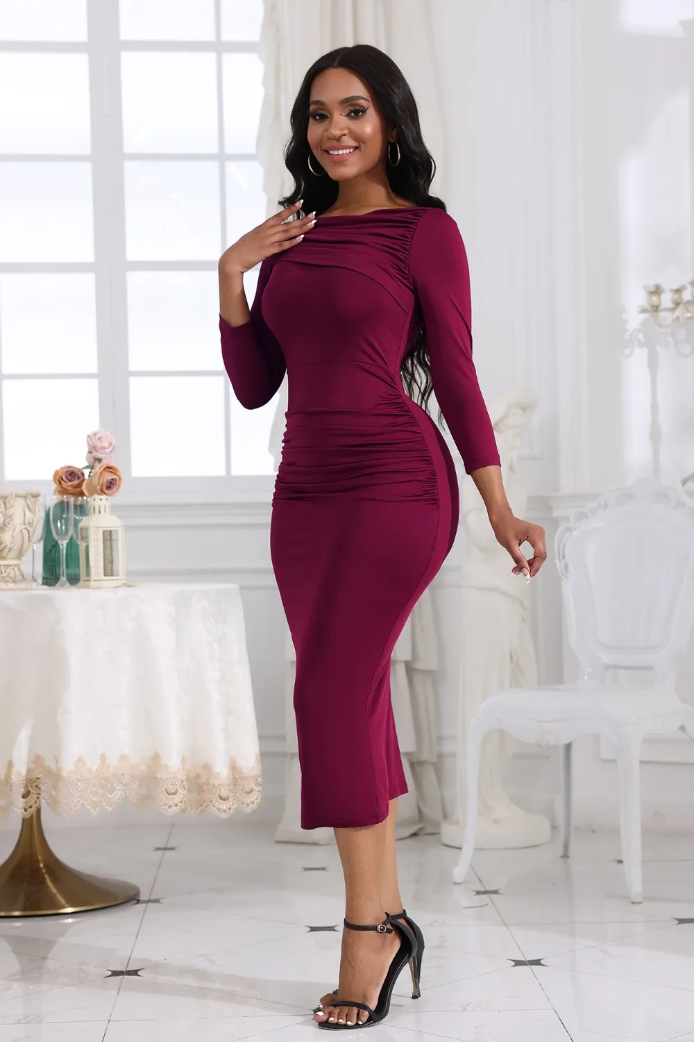 Ruched Boat Neck Midi Dress, image 8