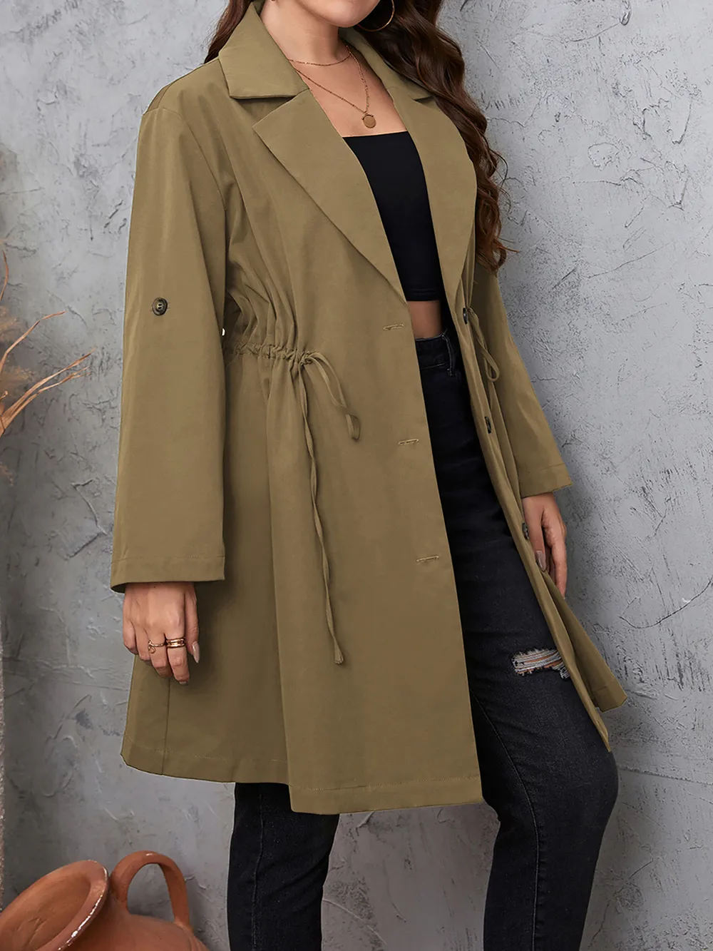 Plus Size Lapel Collar Drawstring Roll-Tab Sleeve Trench Coat, image 3