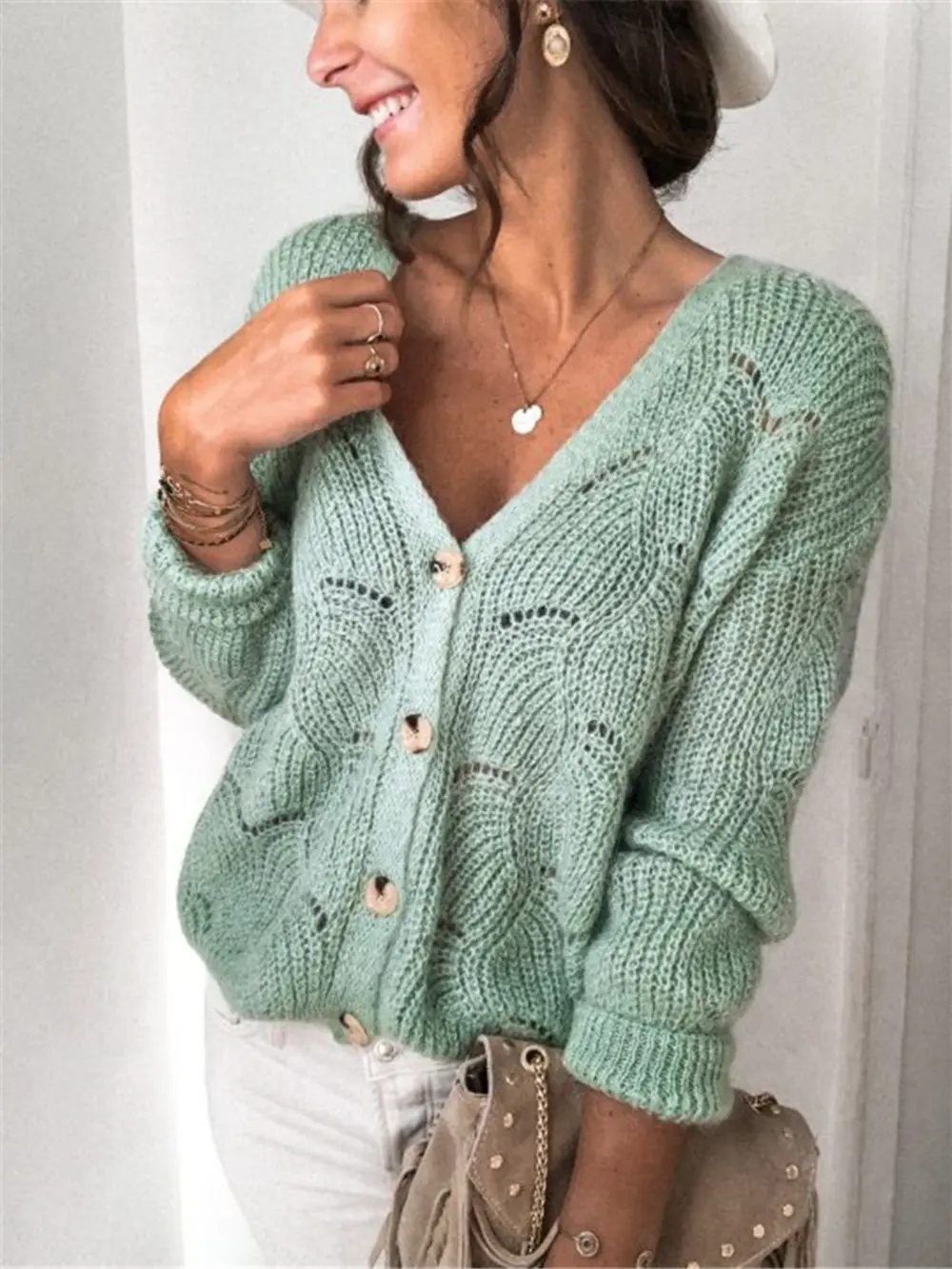 Openwork Button Up Long Sleeve Cardigan, image 4