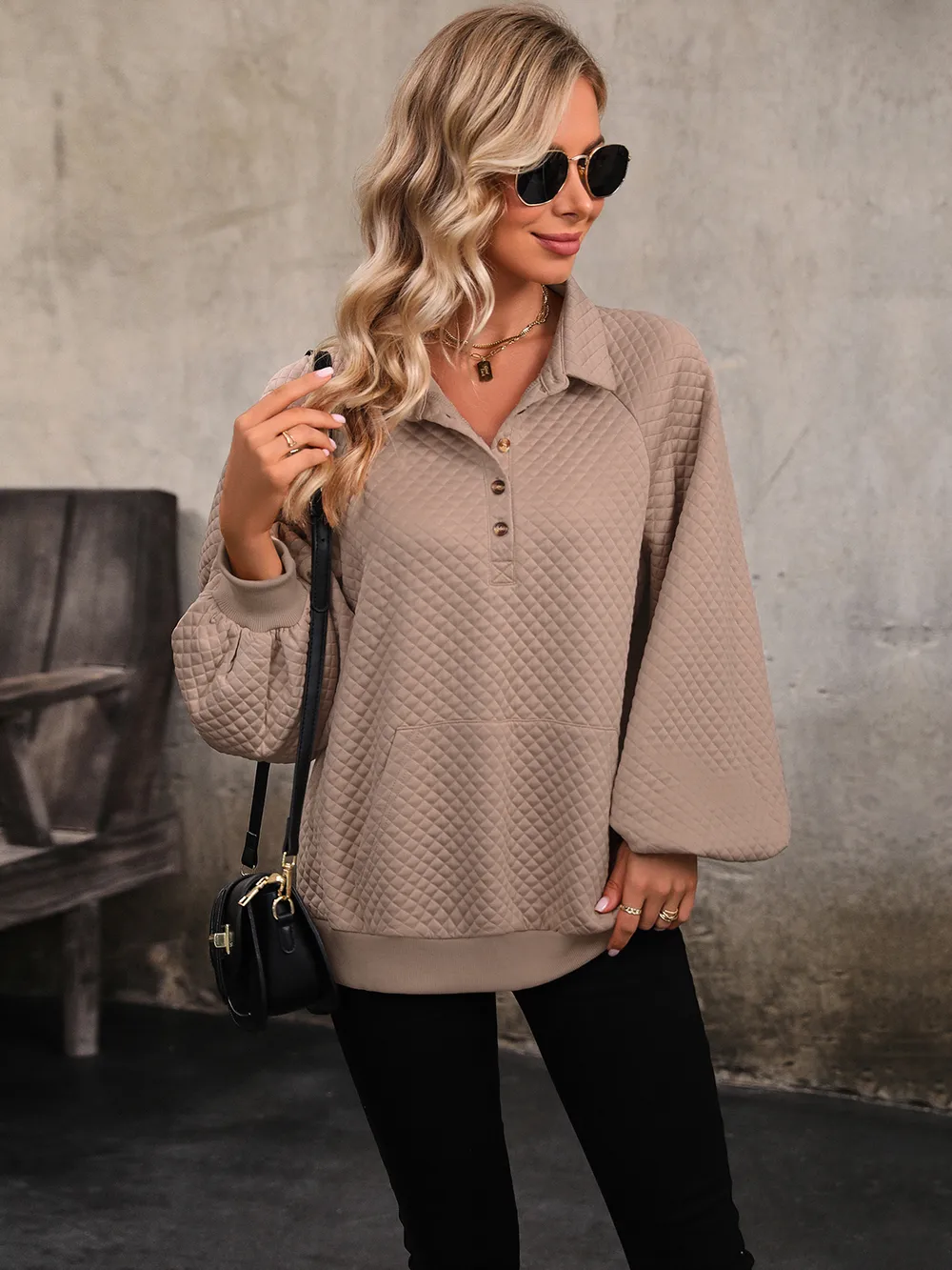 Collared Neck Buttoned Sweatshirt with Pocket, image 4
