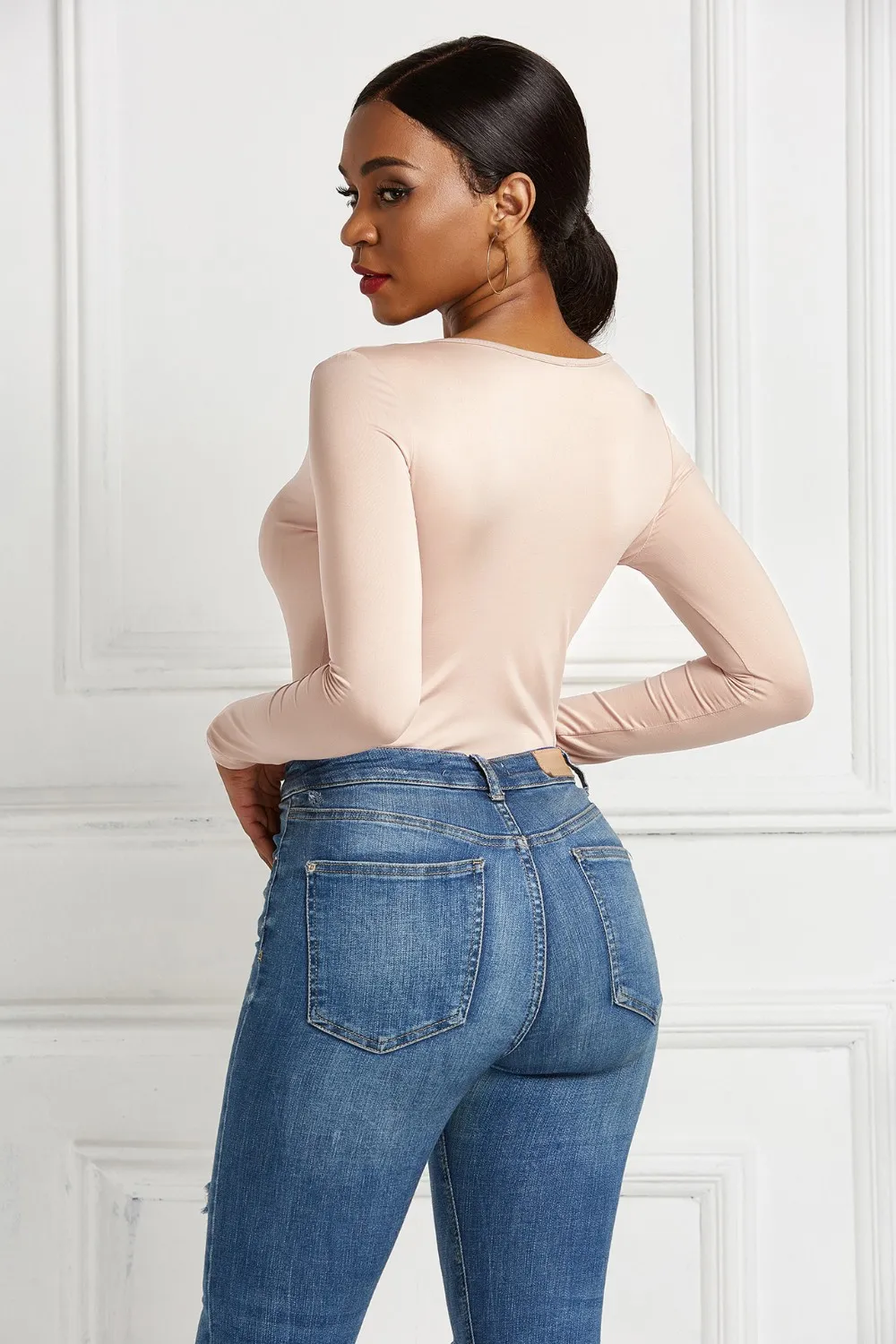 Half Zip Scoop Neck Long Sleeve Bodysuit, image 2