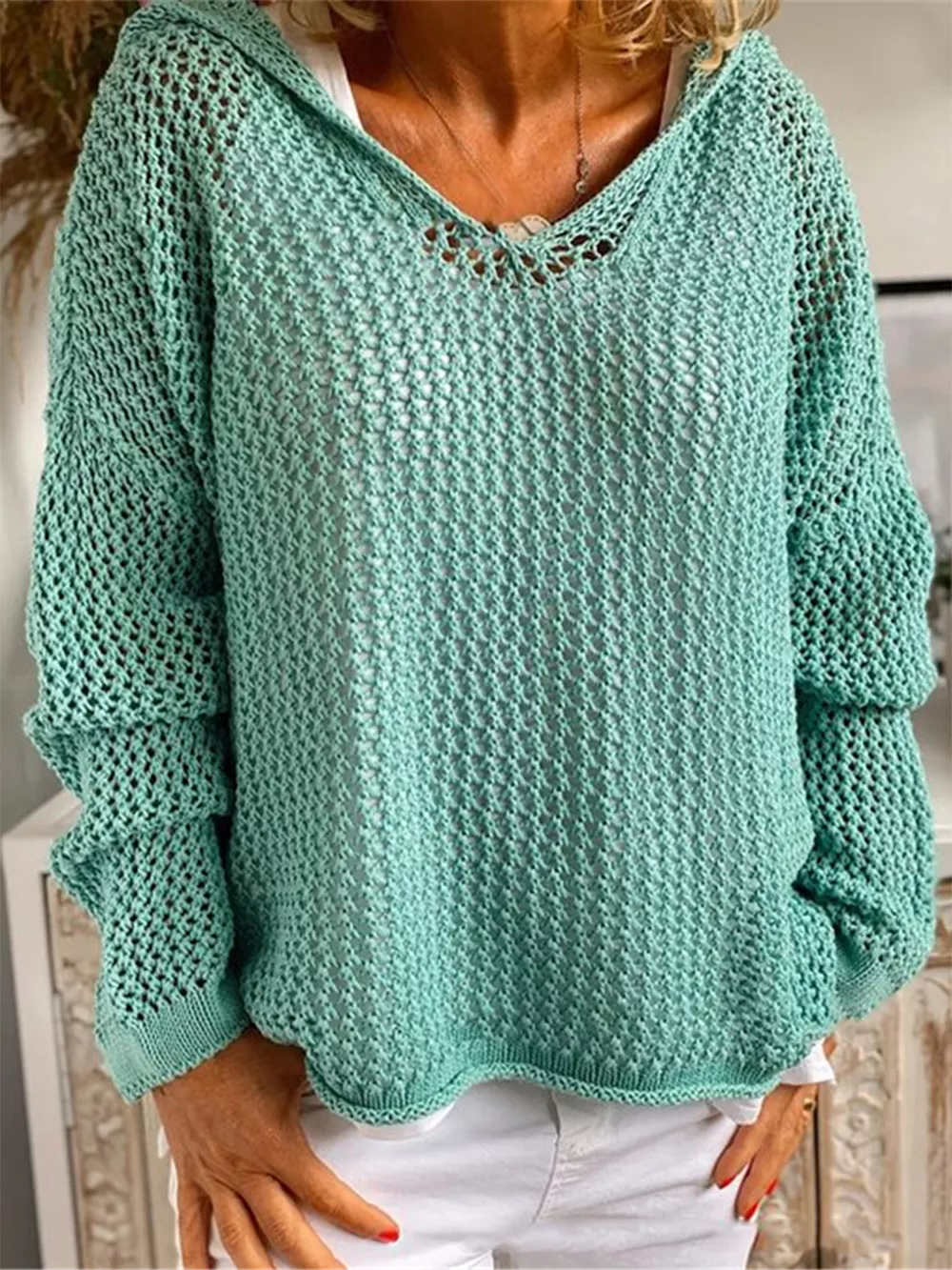 Openwork Hooded Long Sleeve Sweater, image 5