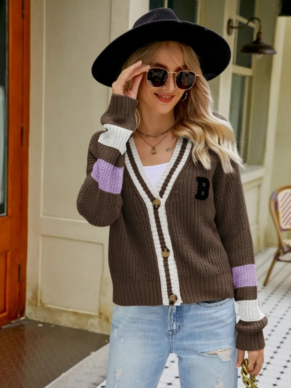 Contrast Button Up Dropped Shoulder Cardigan, image 9