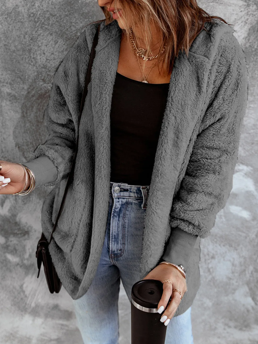 Open Front Hooded Faux Fur Outwear with Pockets, image 8