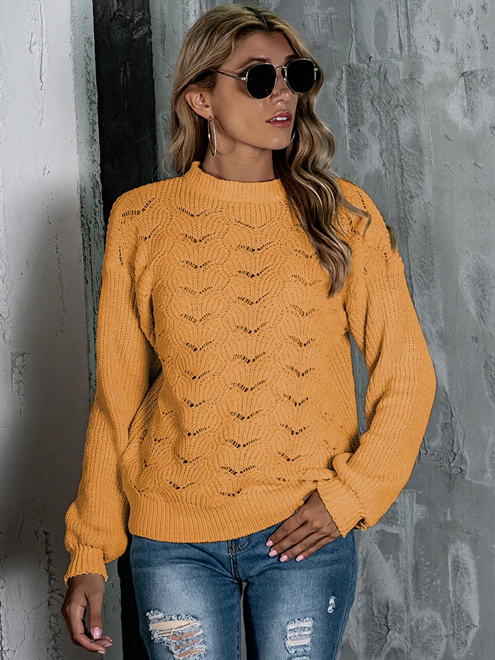 Openwork Mock Neck Long Sleeve Sweater, image 7
