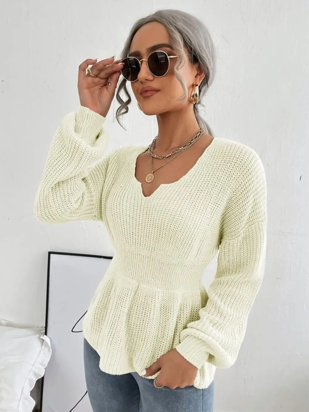 Notched Dropped Shoulder Knit Top, image 16