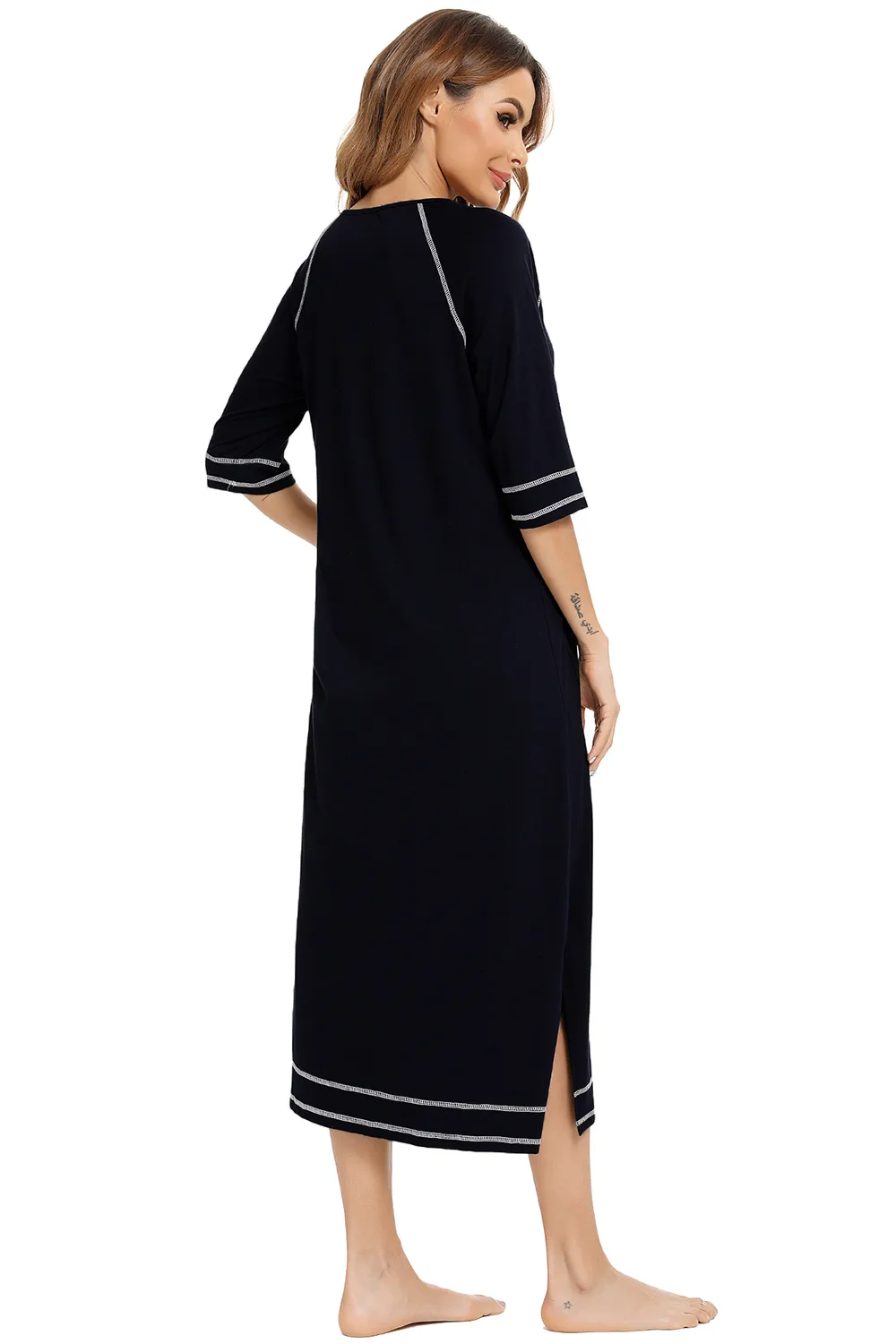 Zip Up Slit Round Neck Night Dress with Pockets, image 27