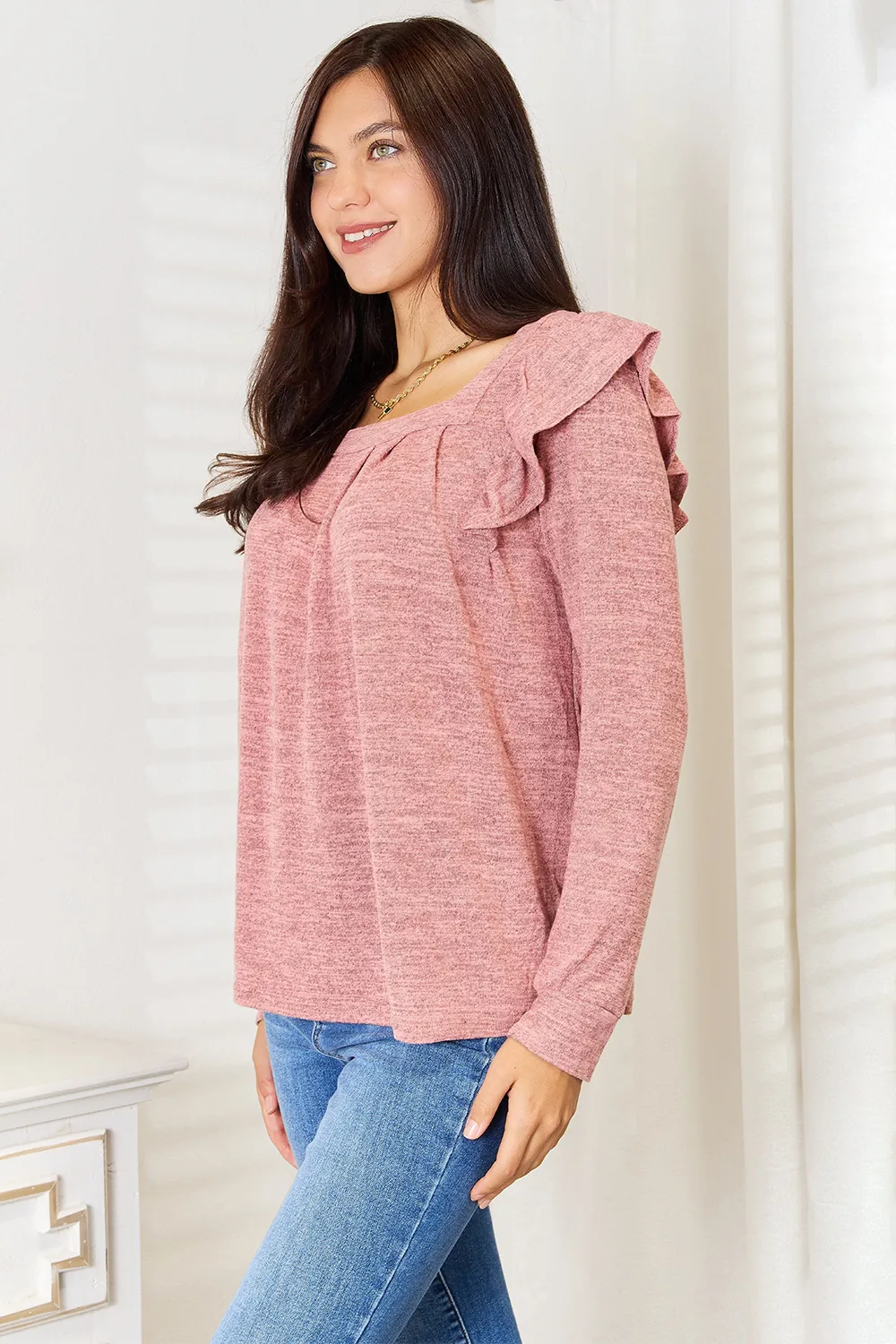 Square Neck Ruffle Shoulder Long Sleeve T-Shirt, image 7
