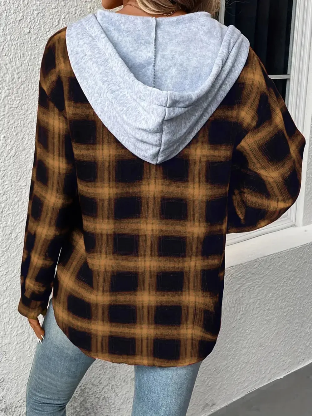Plaid Drawstring Button Up Hooded Jacket, image 6