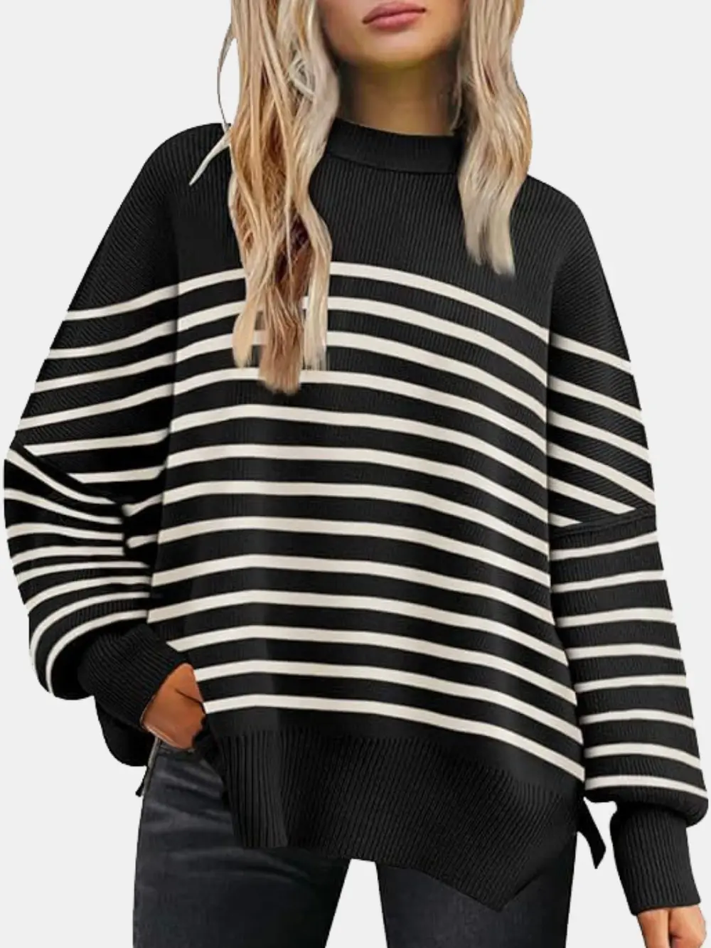 Round Neck Drop Shoulder Slit Sweater, image 10