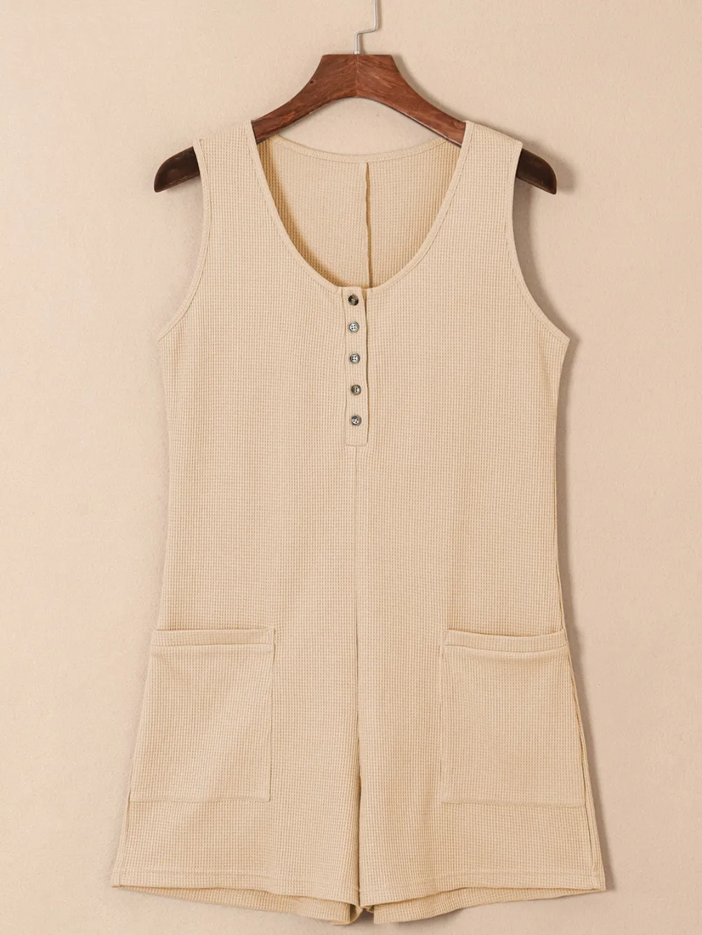 Waffle-Knit Half Button Sleeveless Romper with Pockets, image 2