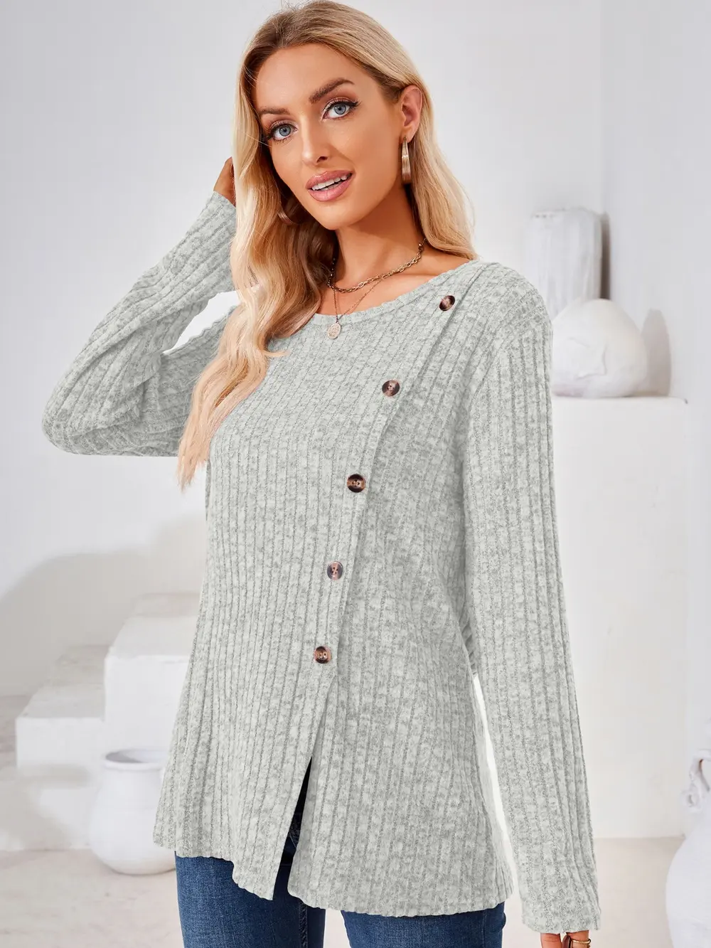 Ribbed Buttoned Round Neck Slit T-Shirt, image 15