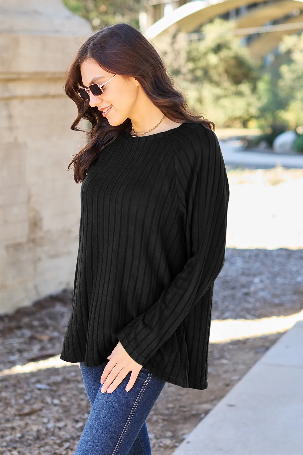 Full Size Ribbed Round Neck Long Sleeve Knit Top, image 3