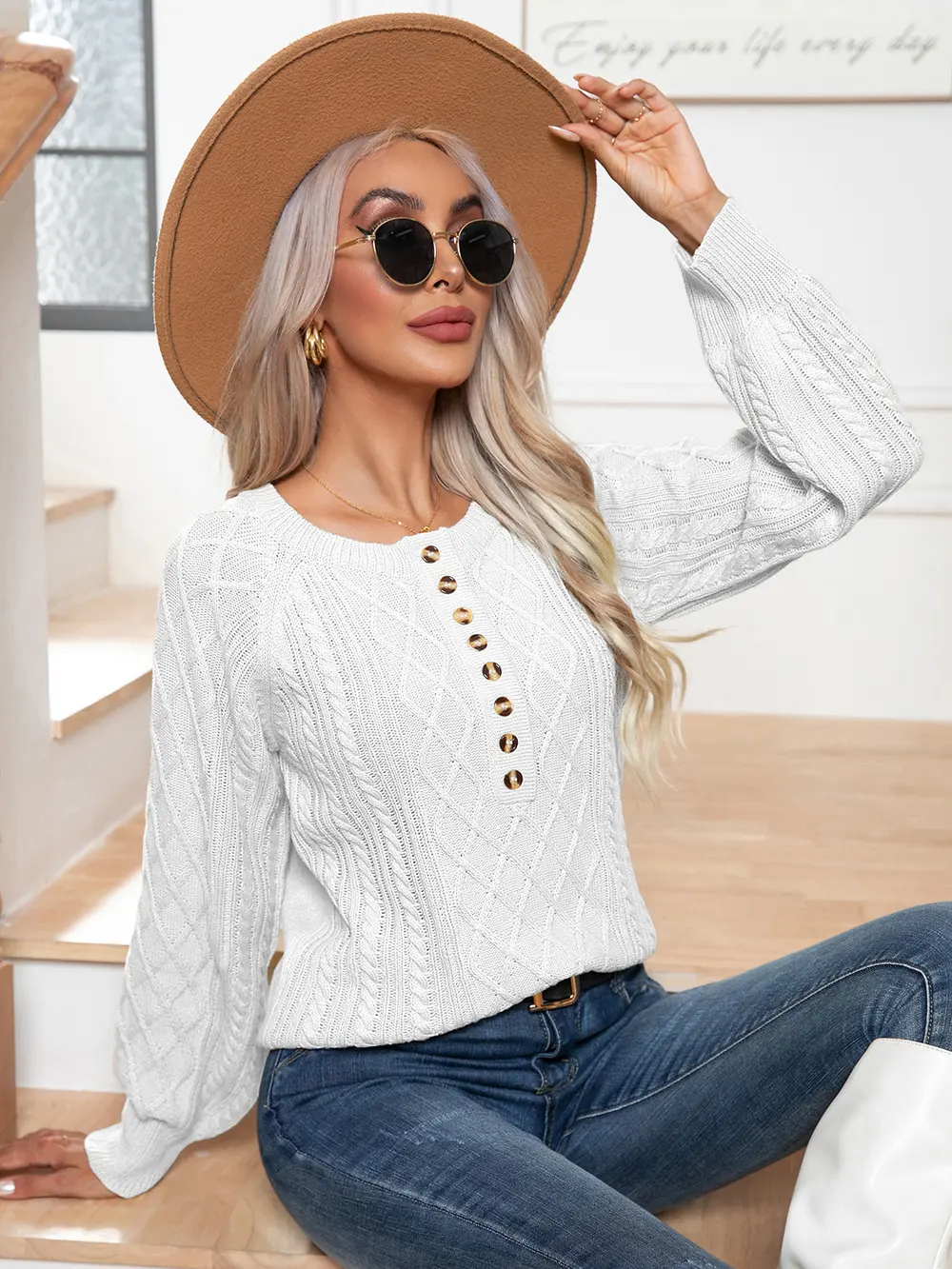 Cable-Knit Round Neck Buttoned Sweater, image 6