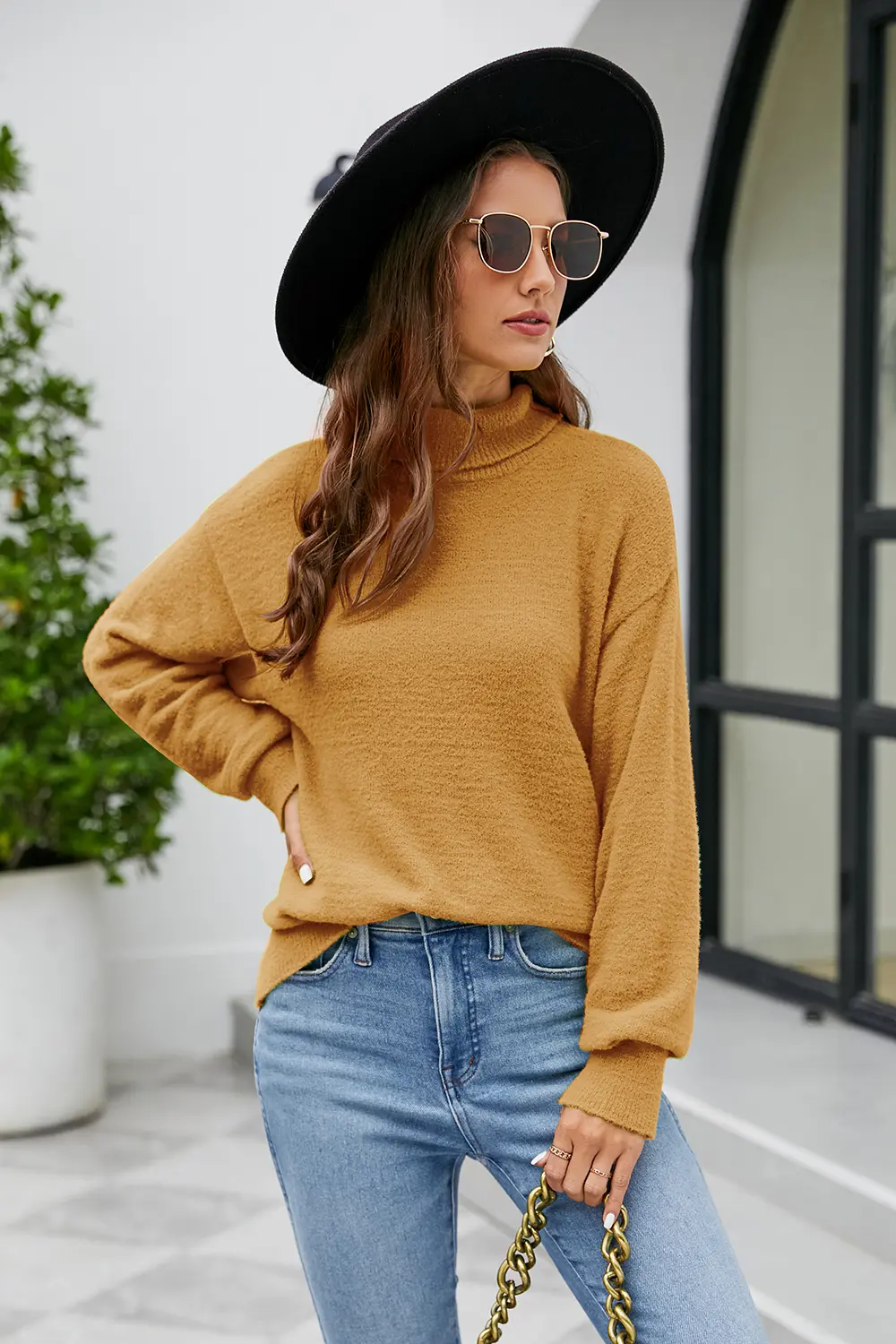 Mock Neck Dropped Shoulder Long Sleeve Sweater, image 9