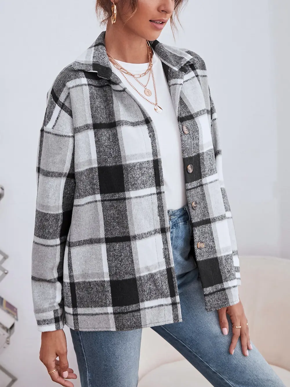 Plaid Collared Neck Button Down Jacket, image 11