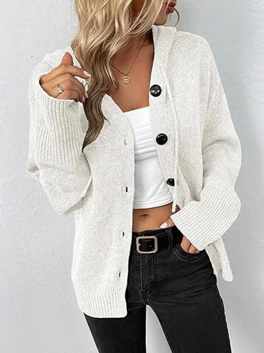 Button Up Drawstring Long Sleeve Hooded Cardigan, image 9