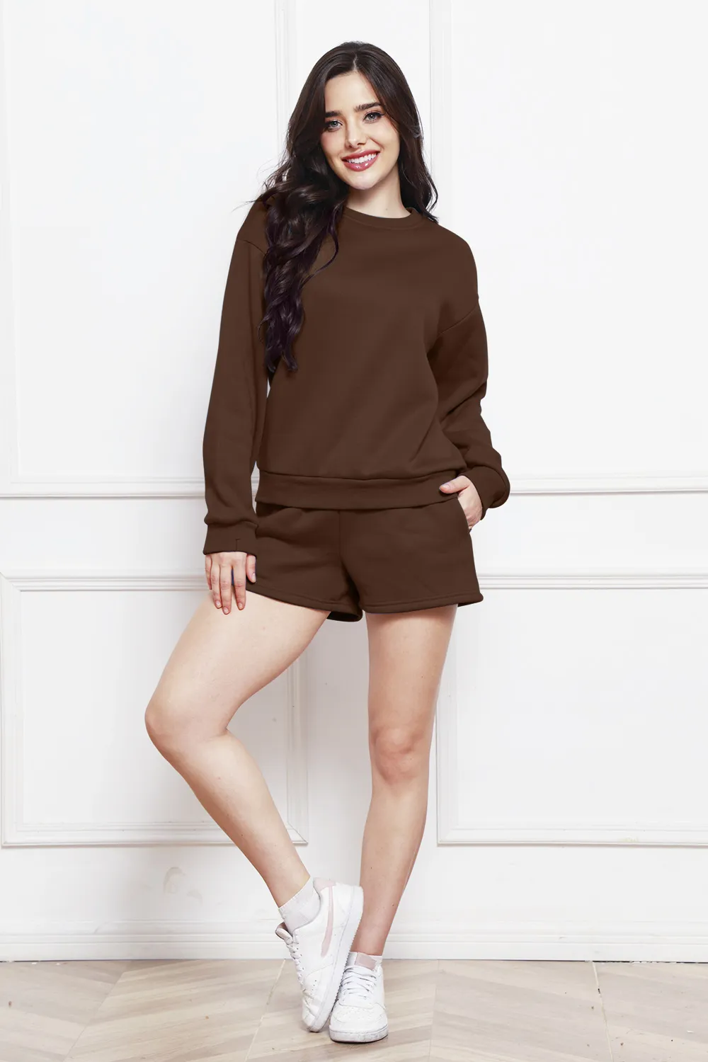 Round Neck Long Sleeve Sweatshirt and Drawstring Shorts Set, image 3