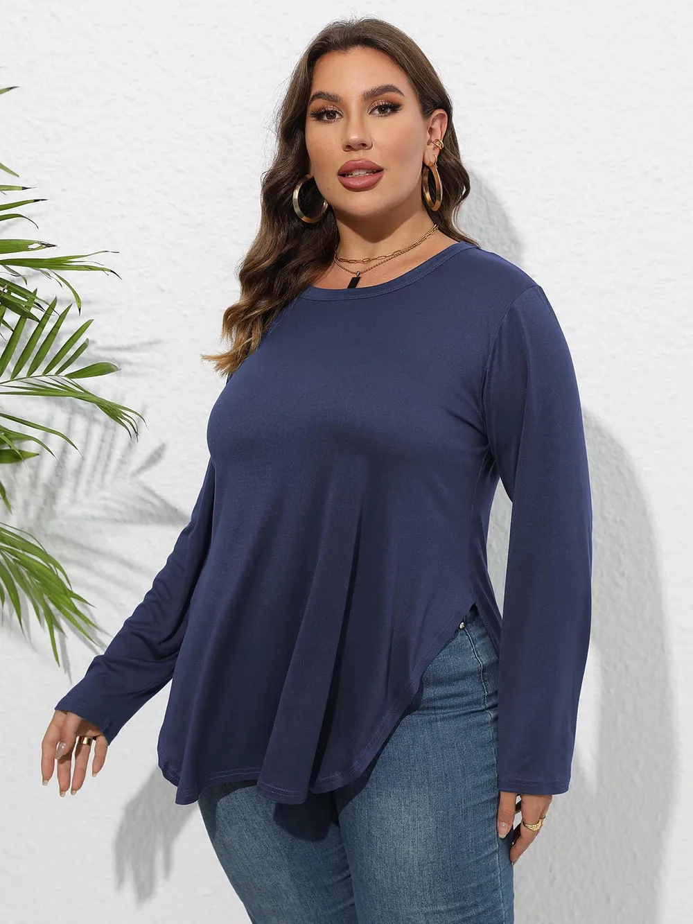 Plus Size Round Neck Long Sleeve Slit T-Shirt, image 5