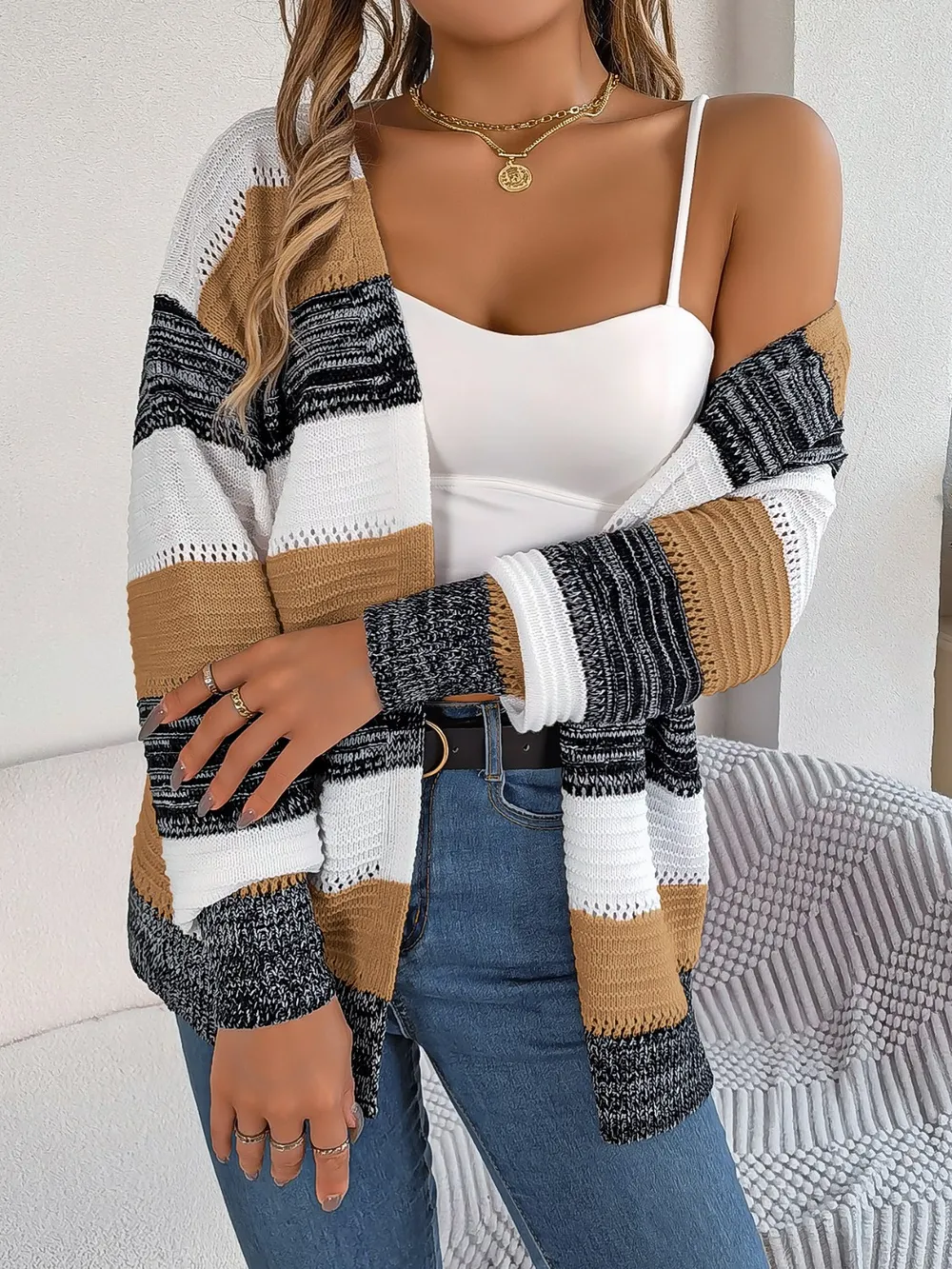 Openwork Striped Open Front Cardigan, image 4