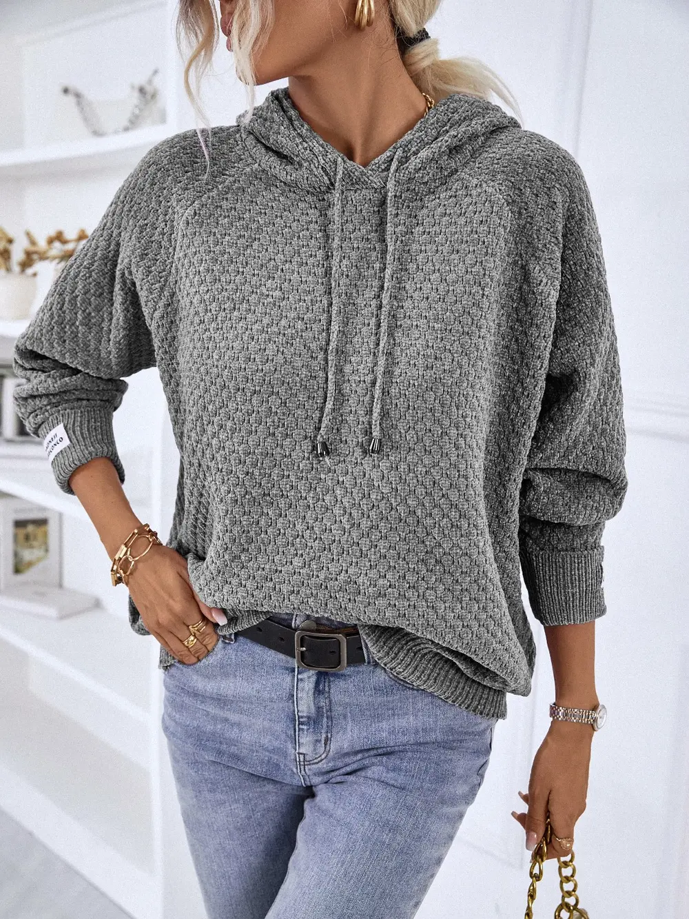 Texture Drawstring Long Sleeve Hooded Sweater, image 3