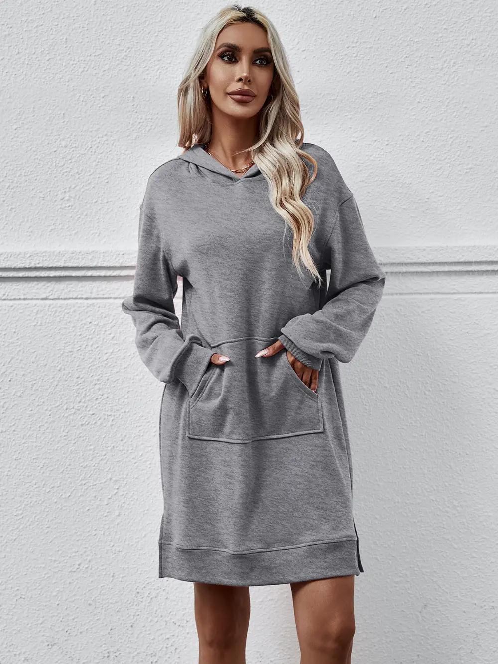 Slit Long Sleeve Hooded Dress with Pocket, image 20