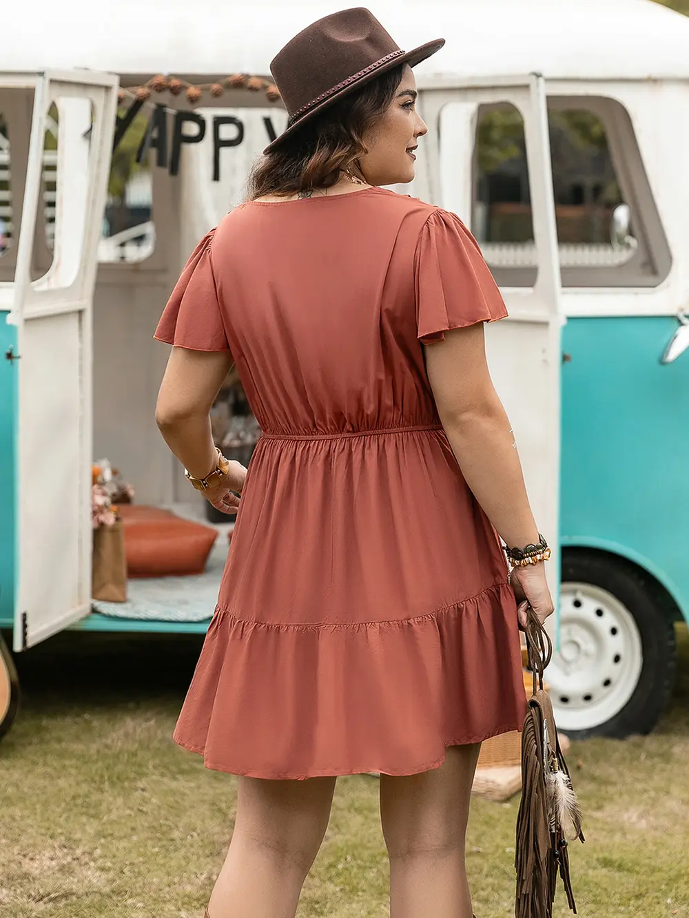 Plus Size Ruffle Hem V-Neck Short Sleeve Dress, image 2