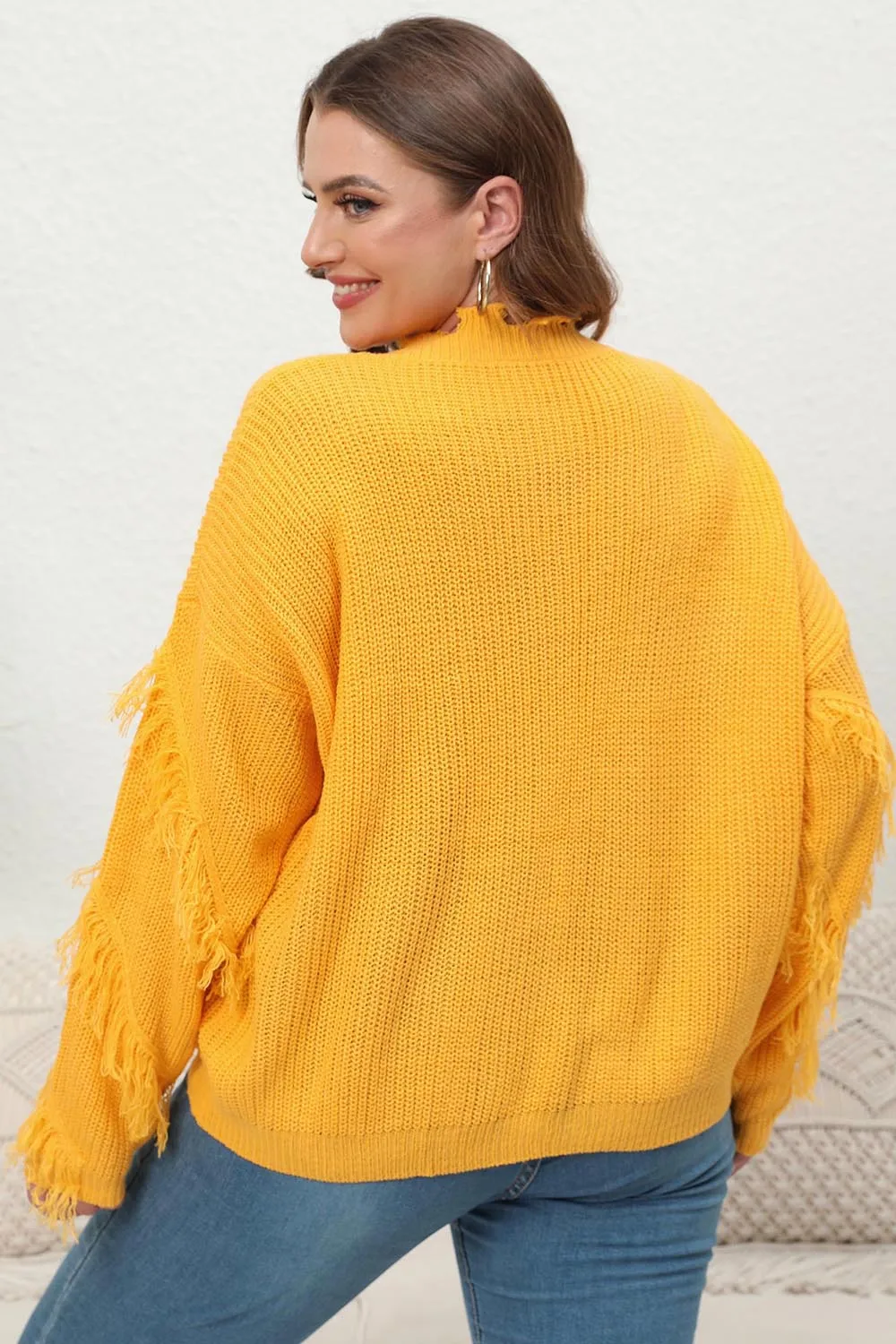 Plus Size Fringe V-Neck Long Sleeve Sweater, image 2