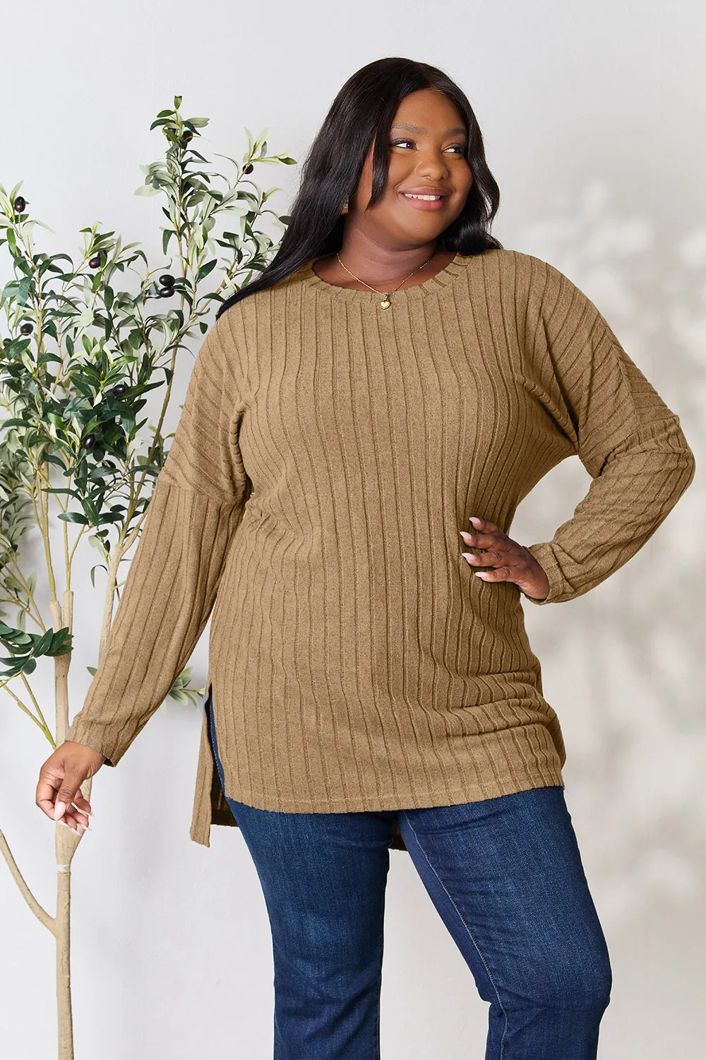 Full Size Ribbed Round Neck Long Sleeve Slit Top, image 7