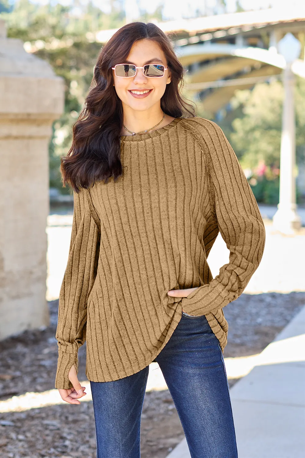 Full Size Ribbed Round Neck Long Sleeve Knit Top, image 3
