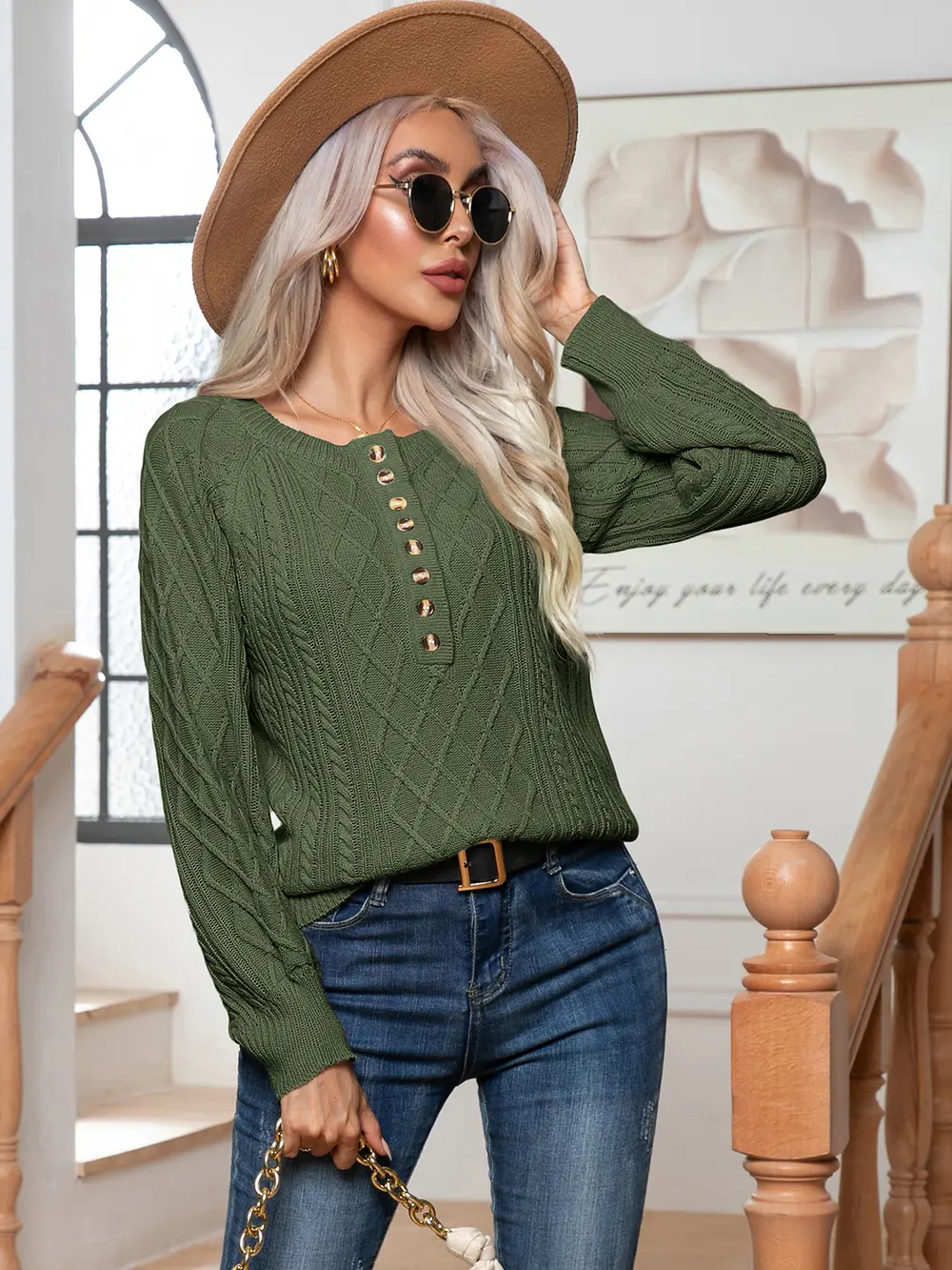 Cable-Knit Round Neck Buttoned Sweater, image 10