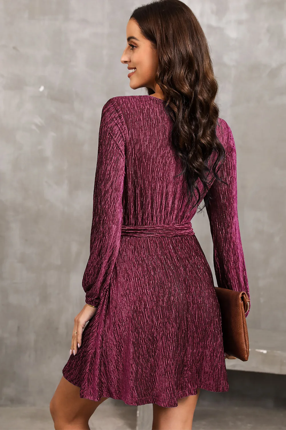 Round Neck Tie Front Long Sleeve Dress, image 3