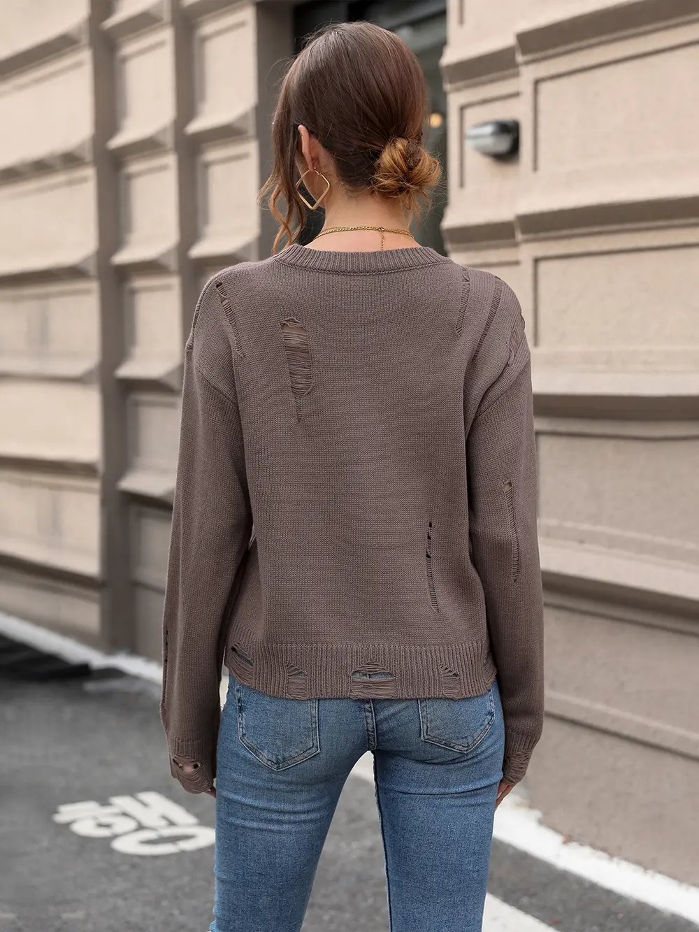 Cutout Round Neck Long Sleeve Sweater, image 2