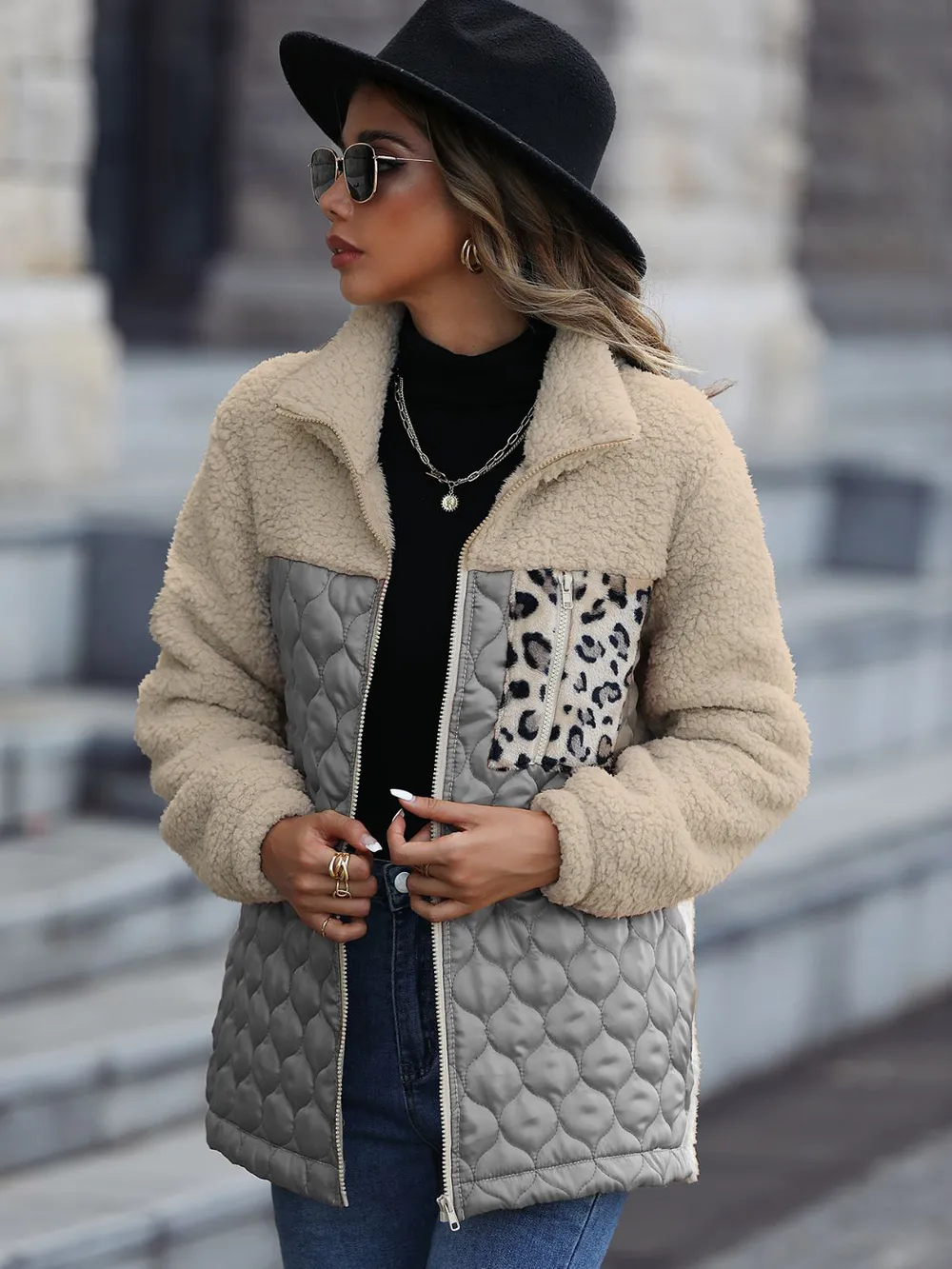 Leopard Color Block Zip-Up Jacket, image 14