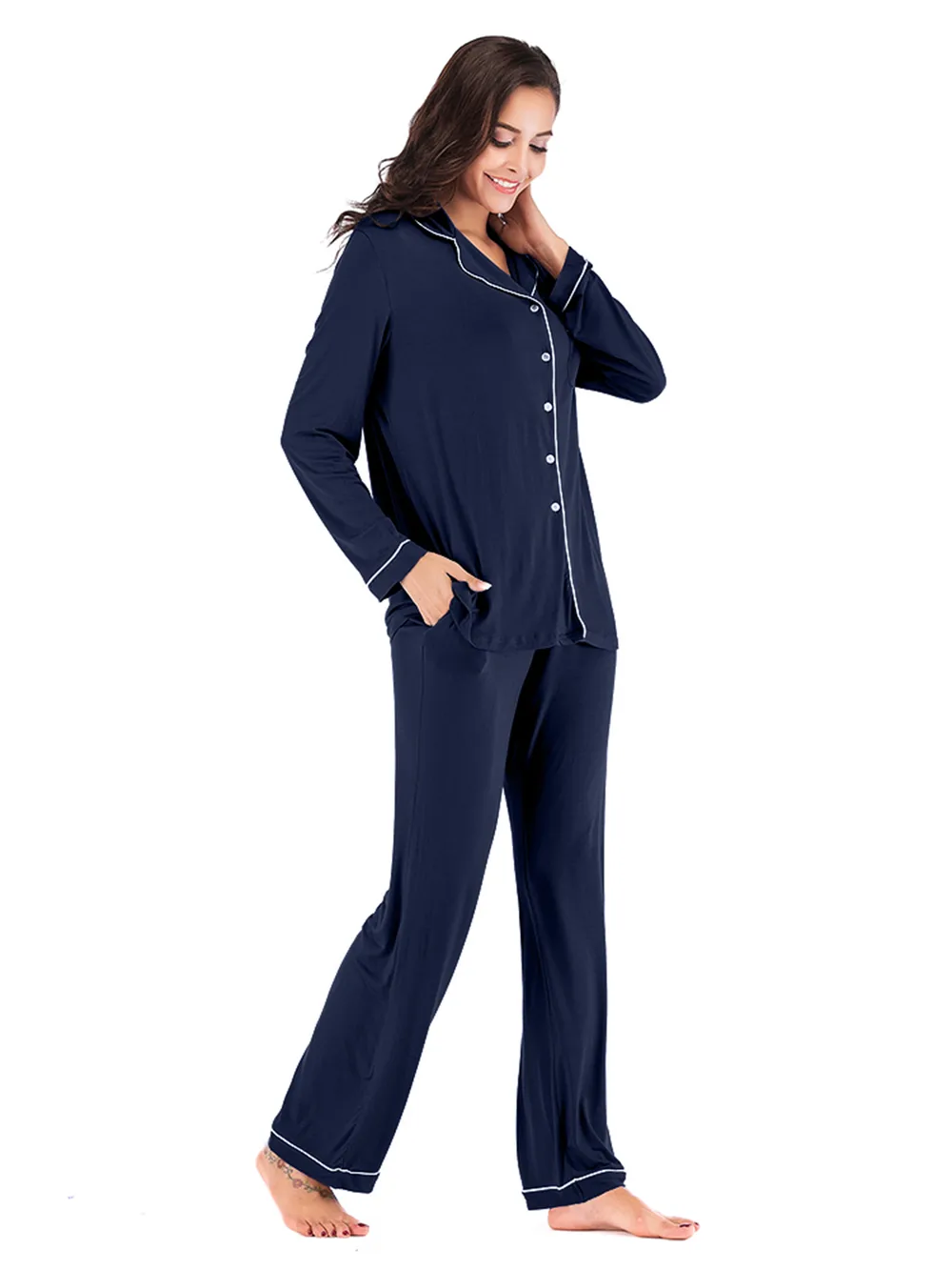 Collared Neck Long Sleeve Loungewear Set with Pockets, image 3