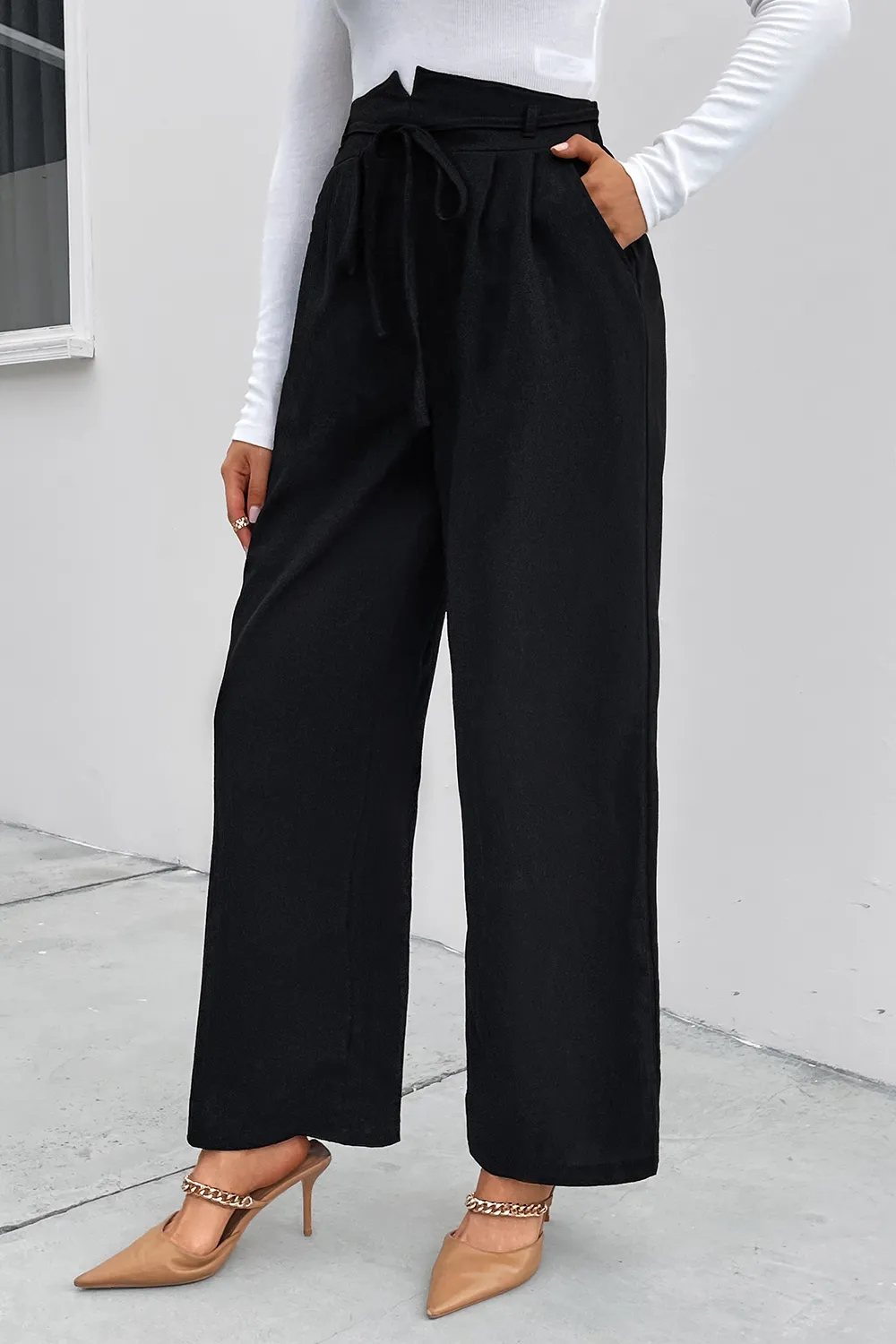 High Waist Ruched Tie Front Wide Leg Pants, image 5