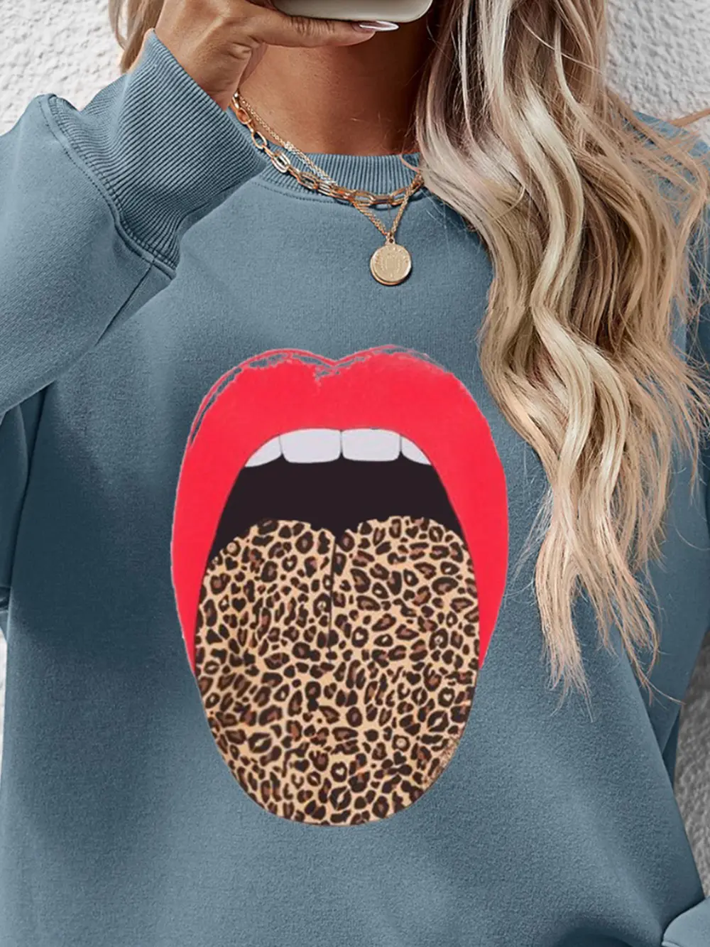 Leopard Lip Graphic Round Neck Sweatshirt, image 9