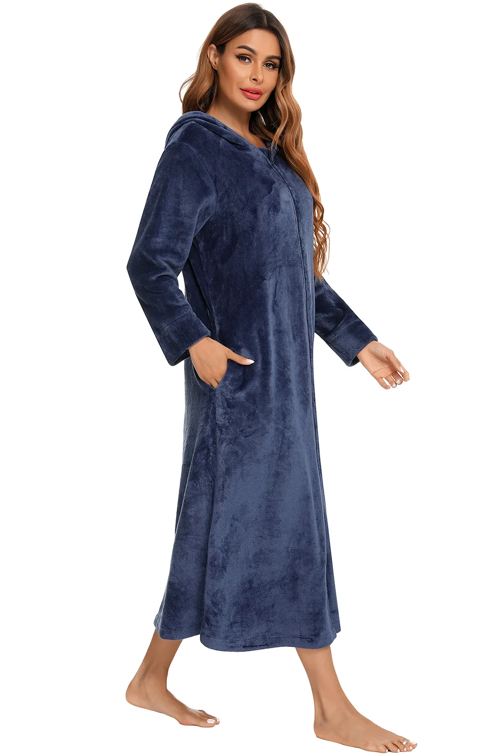 Zip Front Hooded Night Dress with Pockets, image 2