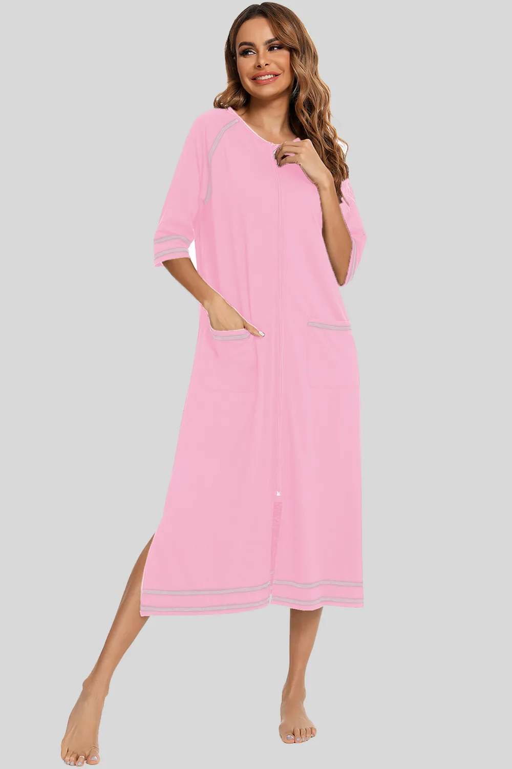 Zip Up Slit Round Neck Night Dress with Pockets, image 8