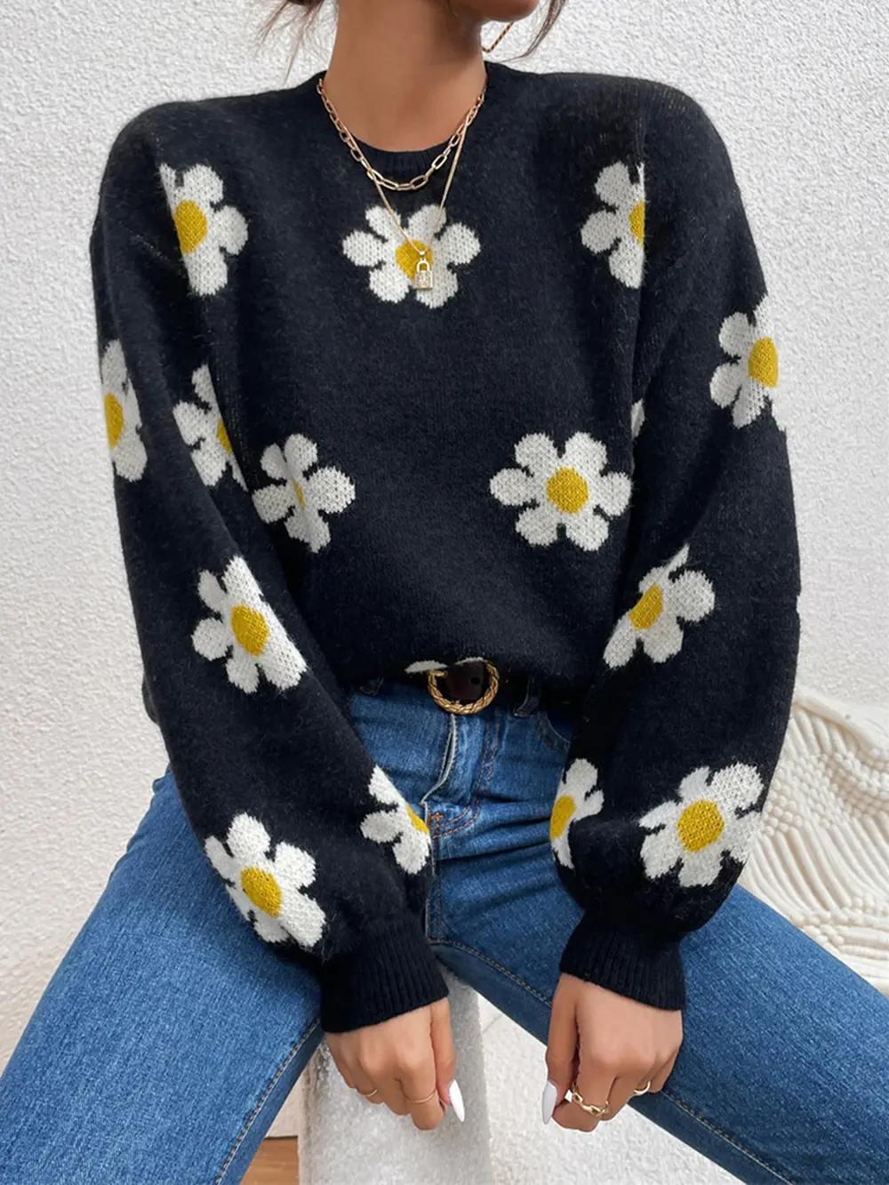 Flower Round Neck Latern Sleeve Sweater, image 2