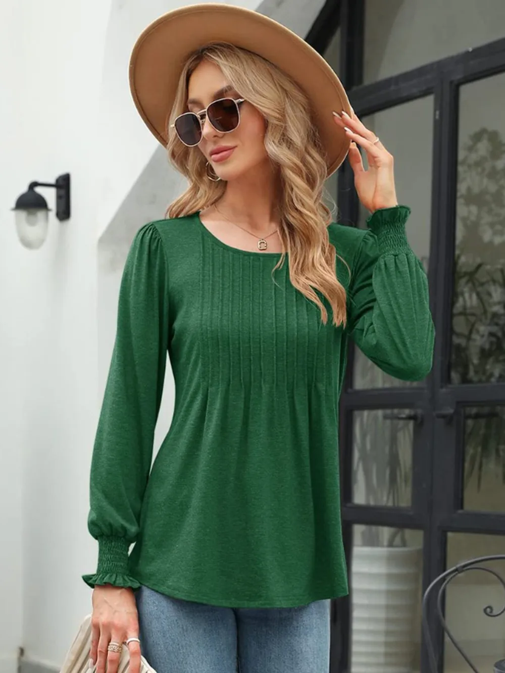 Smocked Round Neck Lantern Sleeve Blouse, image 3