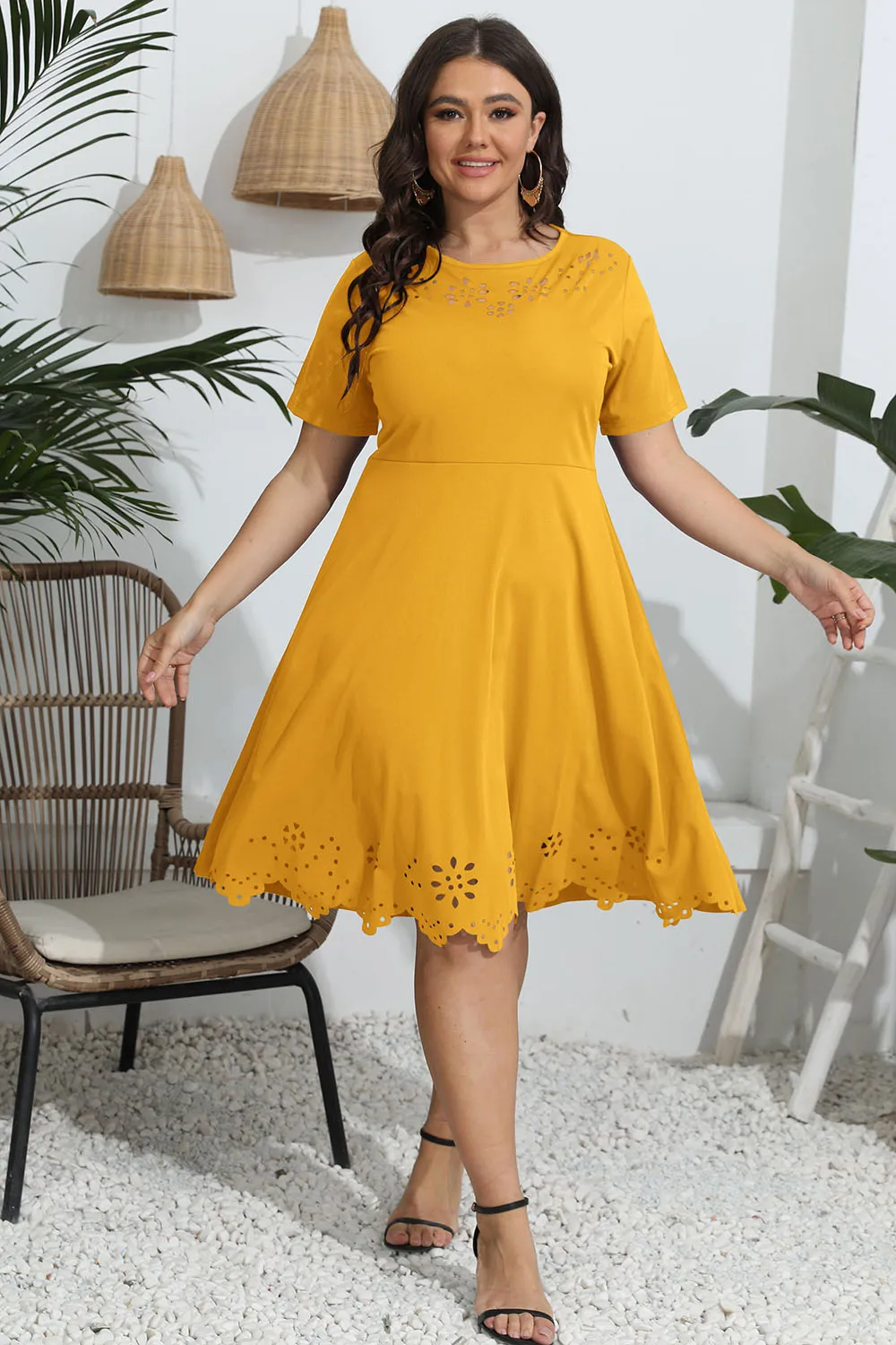 Plus Size Round Neck Openwork Dress, image 8