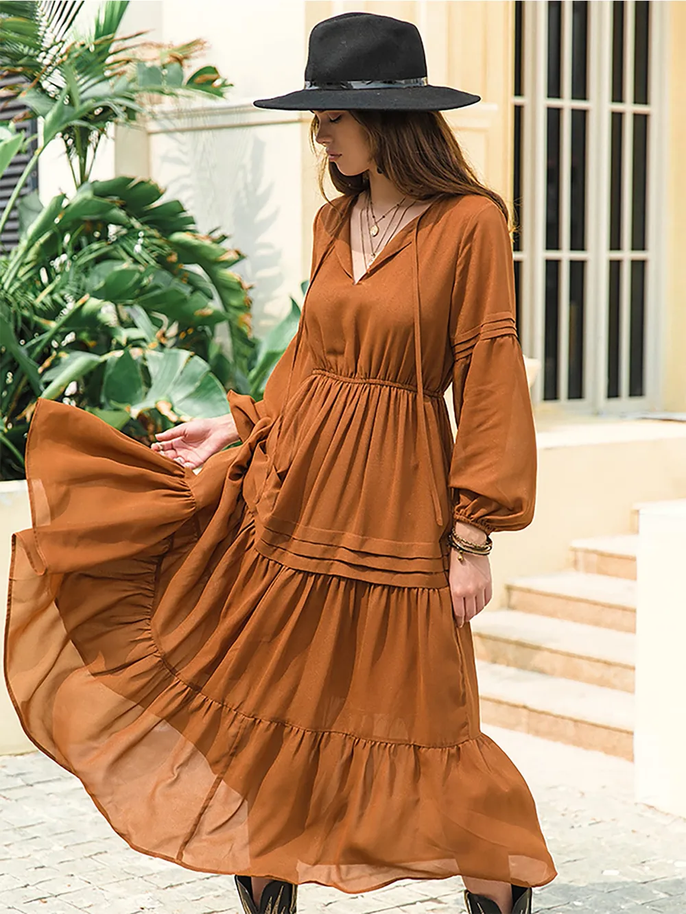 Tie Neck Long Sleeve Midi Tiered Dress, image 2