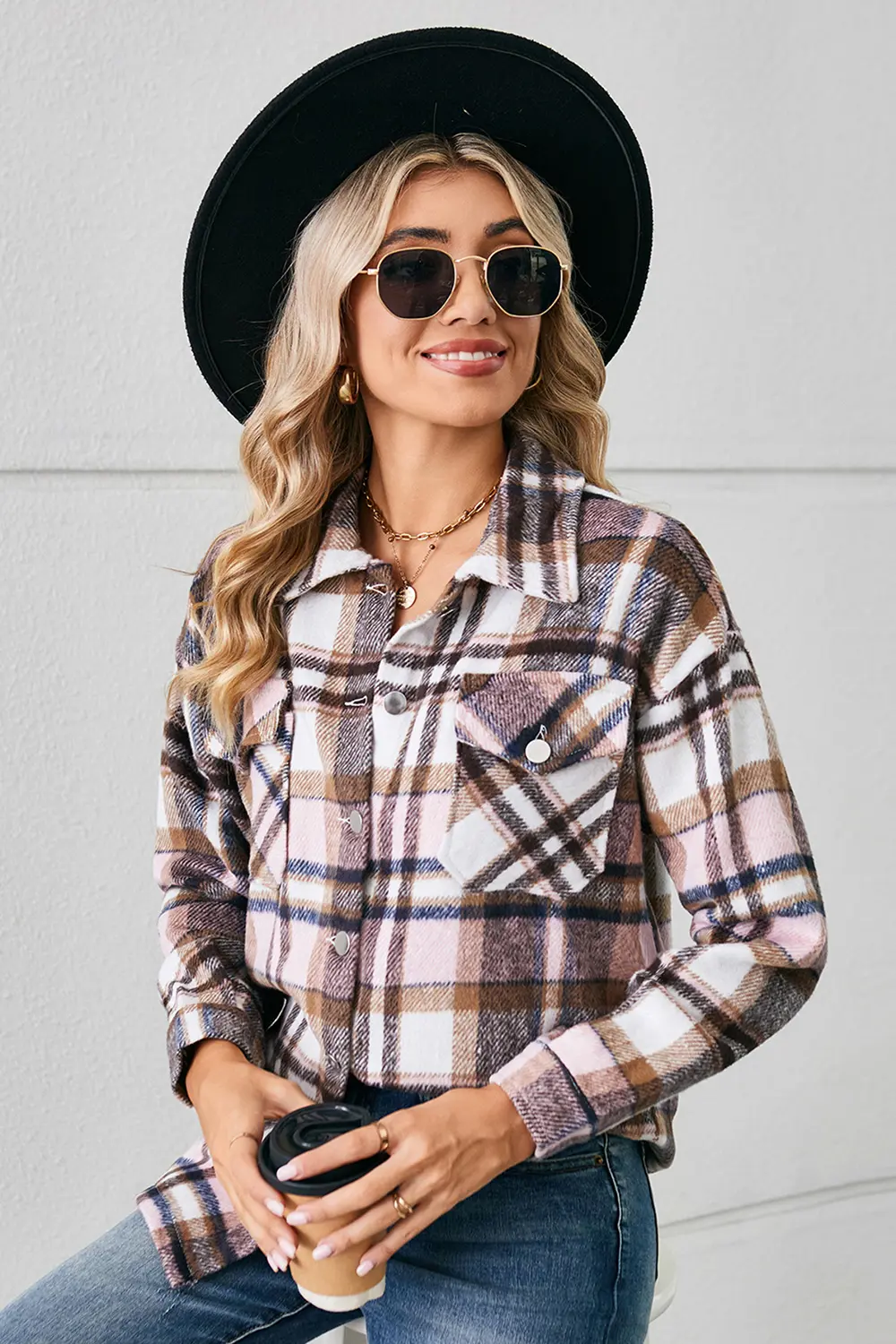 Button Down Collared Plaid Shacket, image 3