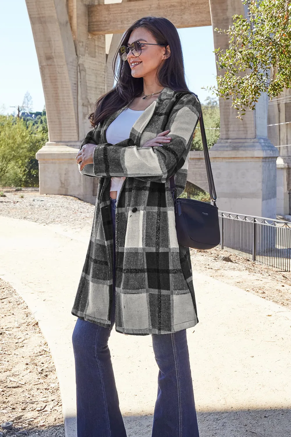 Full Size Plaid Button Up Lapel Collar Coat, image 3