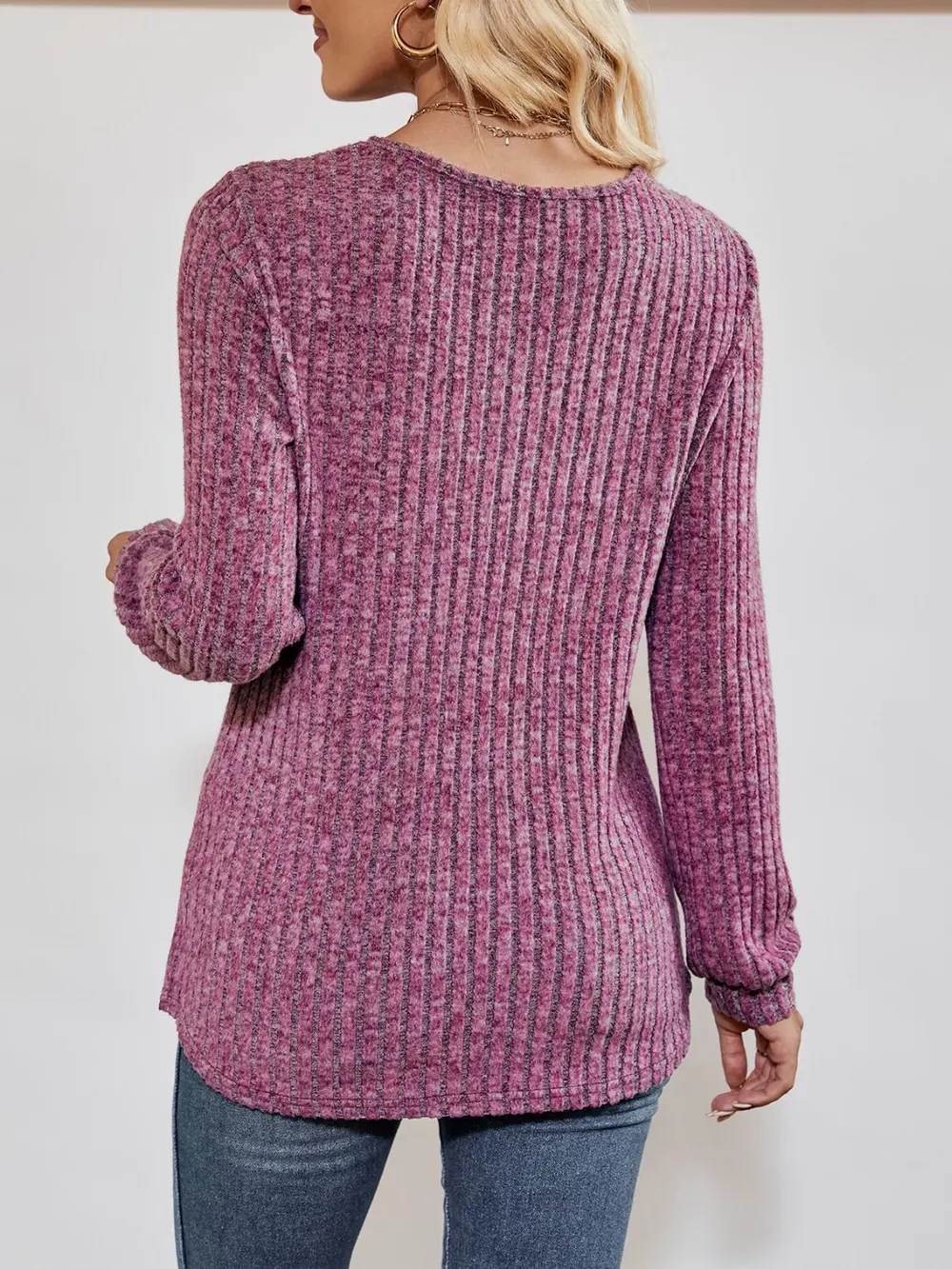 V-Neck Ribbed Long Sleeve Top, image 3