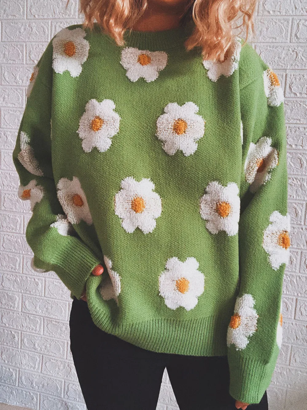 Flower Round Neck Long Sleeve Sweater, image 4
