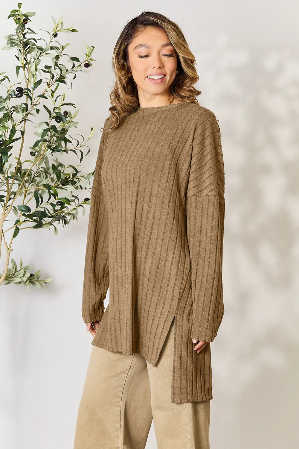 Full Size Ribbed Round Neck Long Sleeve Slit Top, image 8